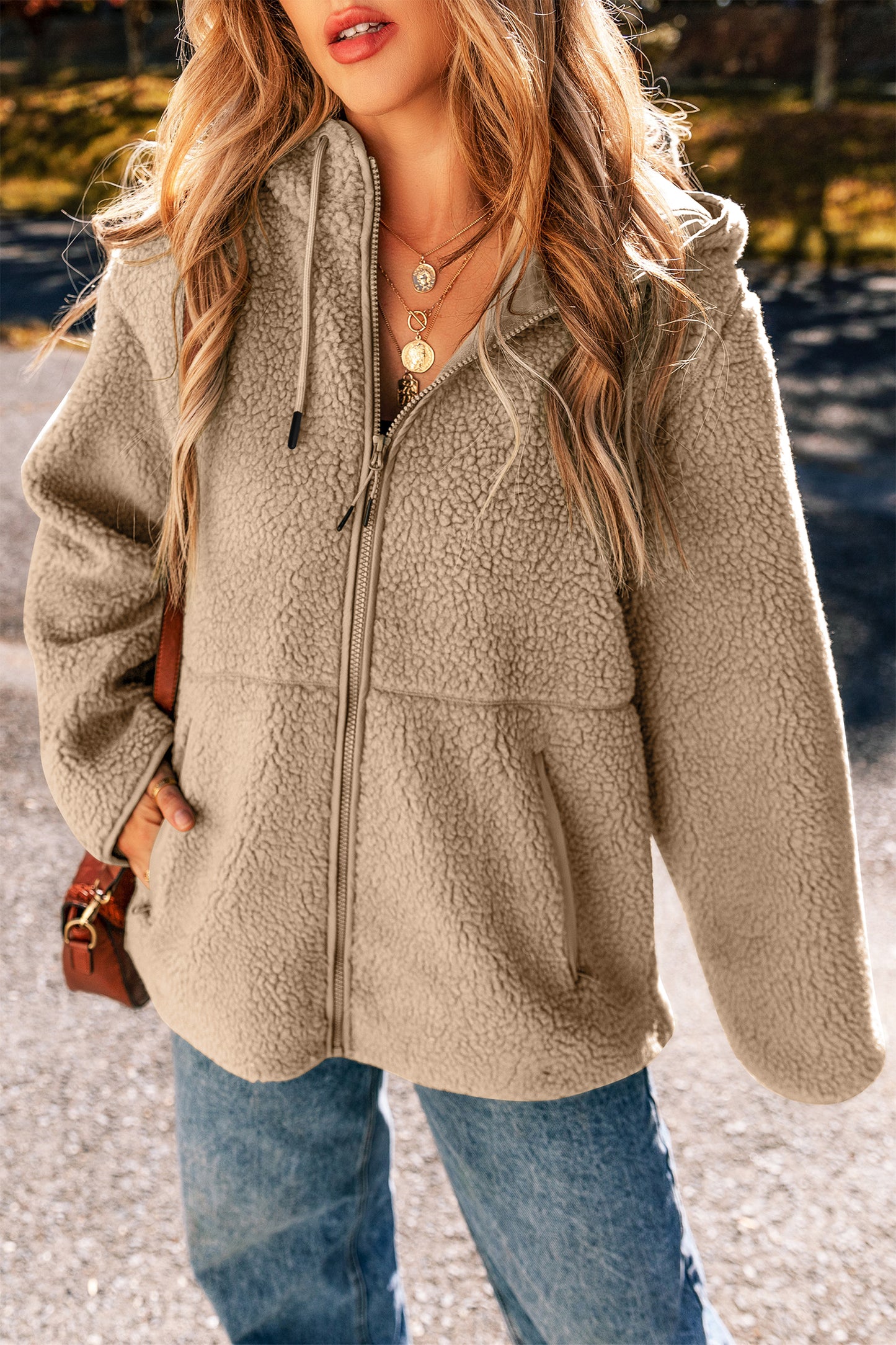 Blue Zone Planet | Pale Khaki Fleece Zip Up Drawstring Hooded Pocketed Jacket-Tops / Dresses-[Adult]-[Female]-2022 Online Blue Zone Planet