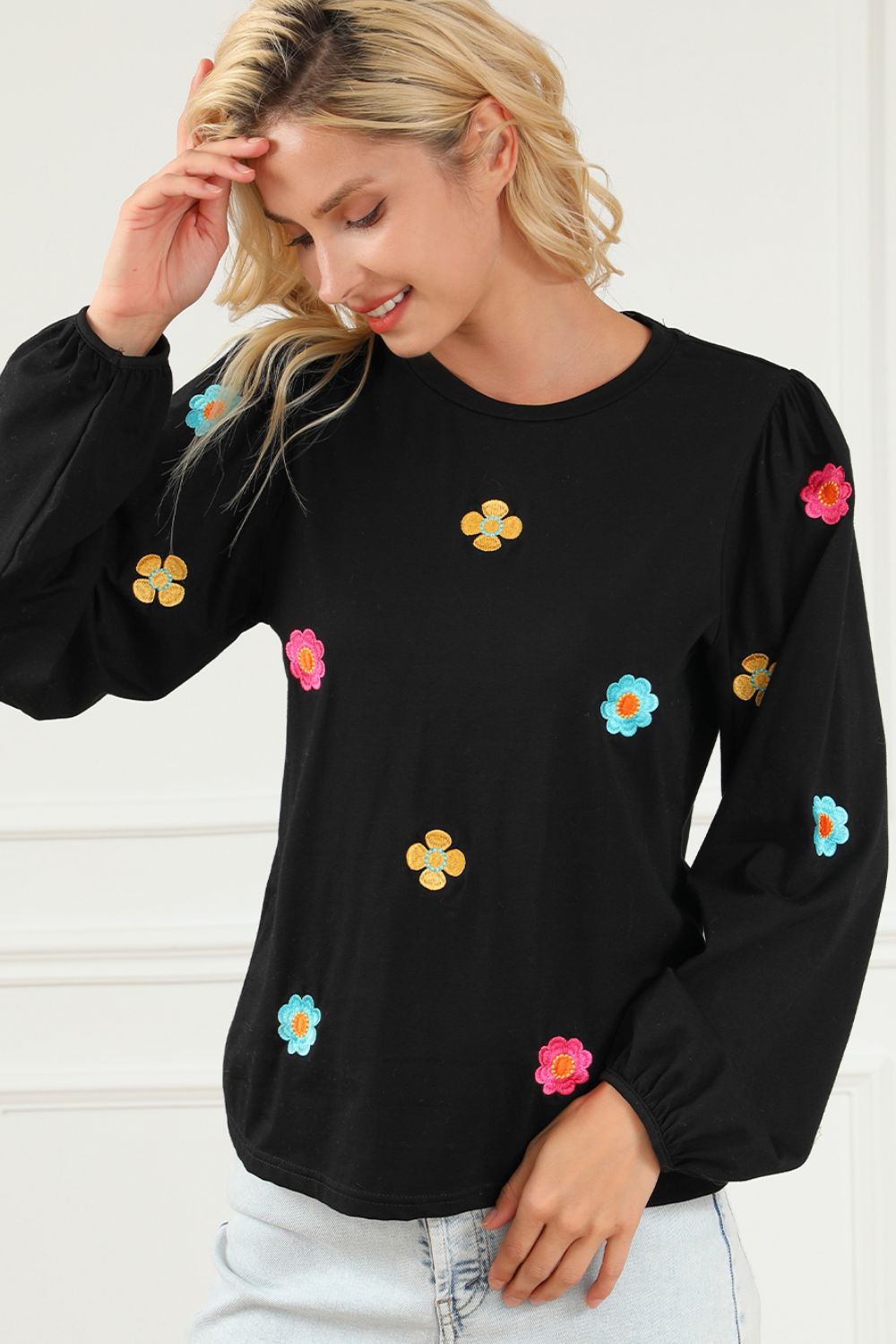 Flower Round Neck Long Sleeve Sweater-TOPS / DRESSES-[Adult]-[Female]-2022 Online Blue Zone Planet