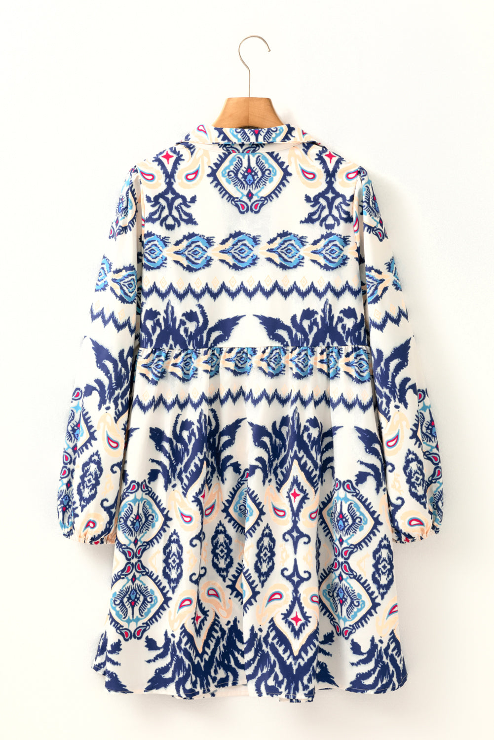 Blue Ethnic Print Pop of Color Neckline Long Sleeve Dress-Short Dresses-[Adult]-[Female]-2022 Online Blue Zone Planet