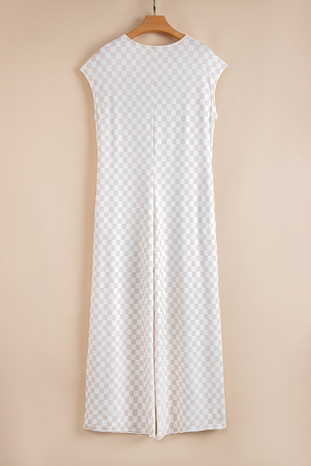 Apricot Checkered Print Buttoned Crew Neck Wide Leg Jumpsuit-Bottoms/Jumpsuits & Rompers-[Adult]-[Female]-2022 Online Blue Zone Planet