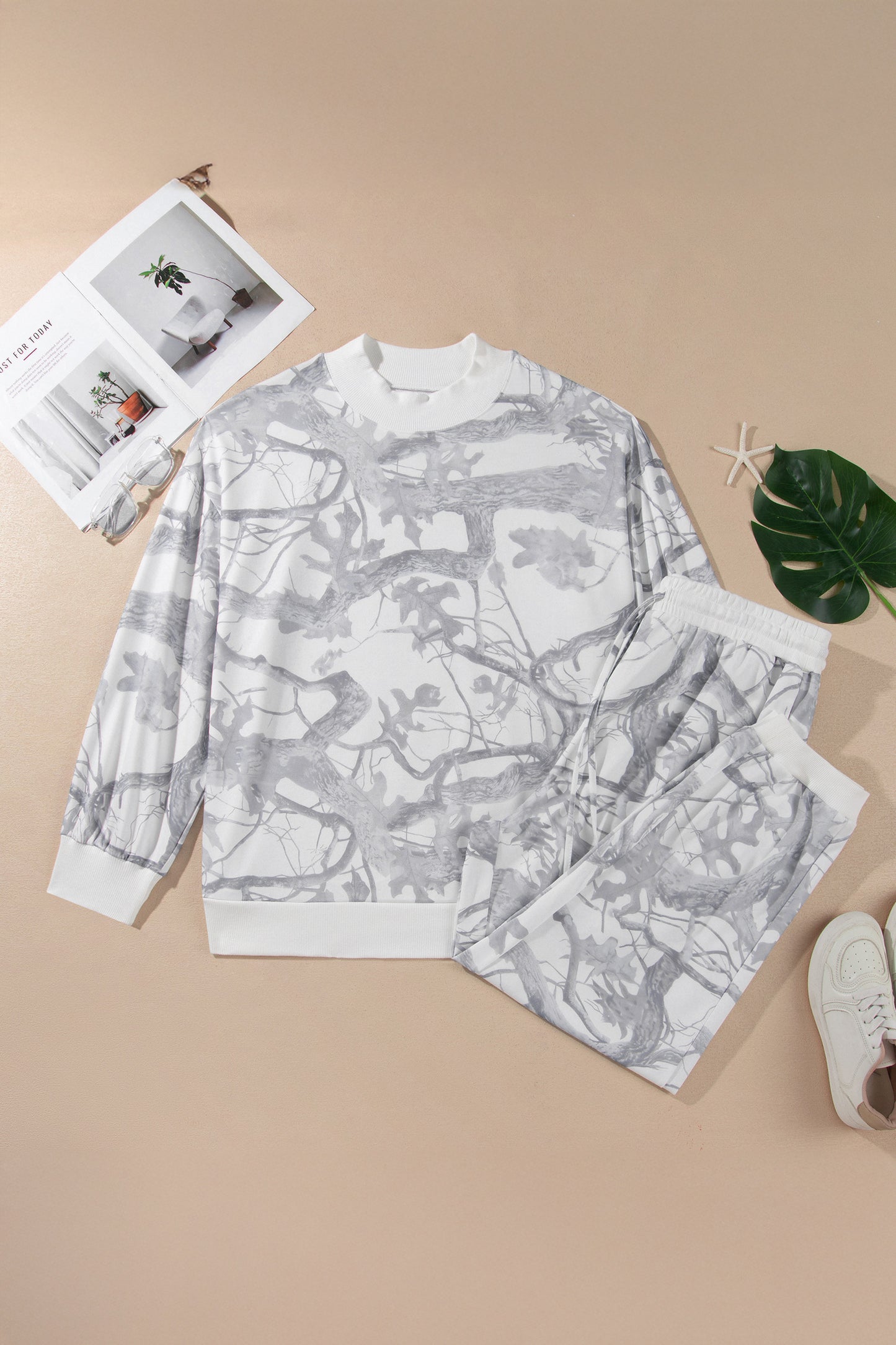 Gray Camouflage Print Stand Neck Long Sleeve Regular Fit Plus Size Set-Plus Size/Plus Size Loungewear-[Adult]-[Female]-2022 Online Blue Zone Planet