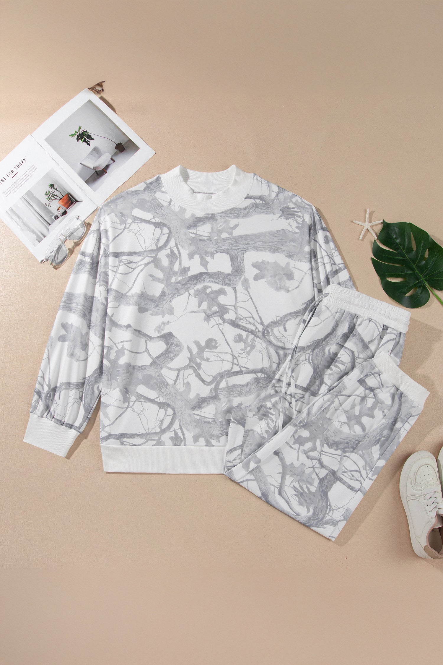 Gray Camouflage Print Stand Neck Long Sleeve Regular Fit Plus Size Set-Plus Size/Plus Size Loungewear-[Adult]-[Female]-2022 Online Blue Zone Planet