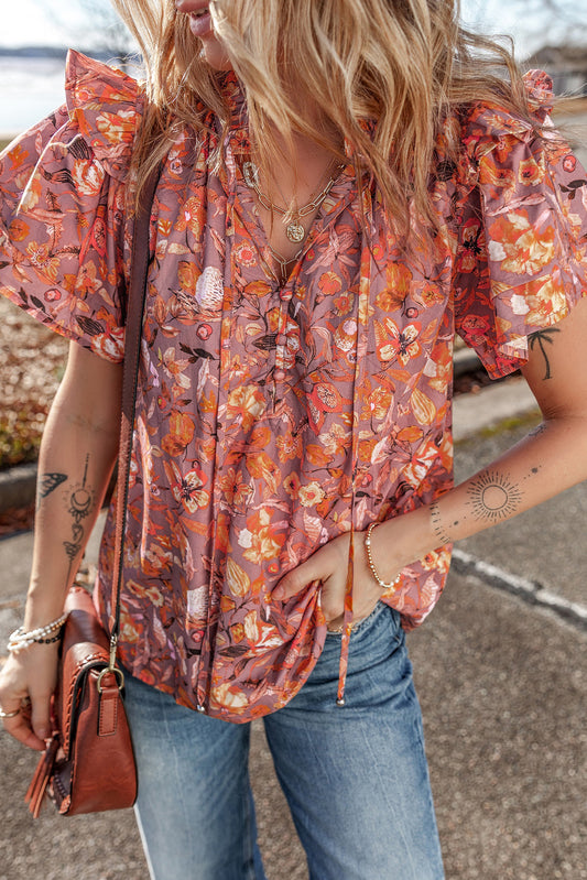 Orange Floral Print Ruffle Flutter Sleeve V Neck Blouse-Blouses-[Adult]-[Female]-Orange-S-2022 Online Blue Zone Planet