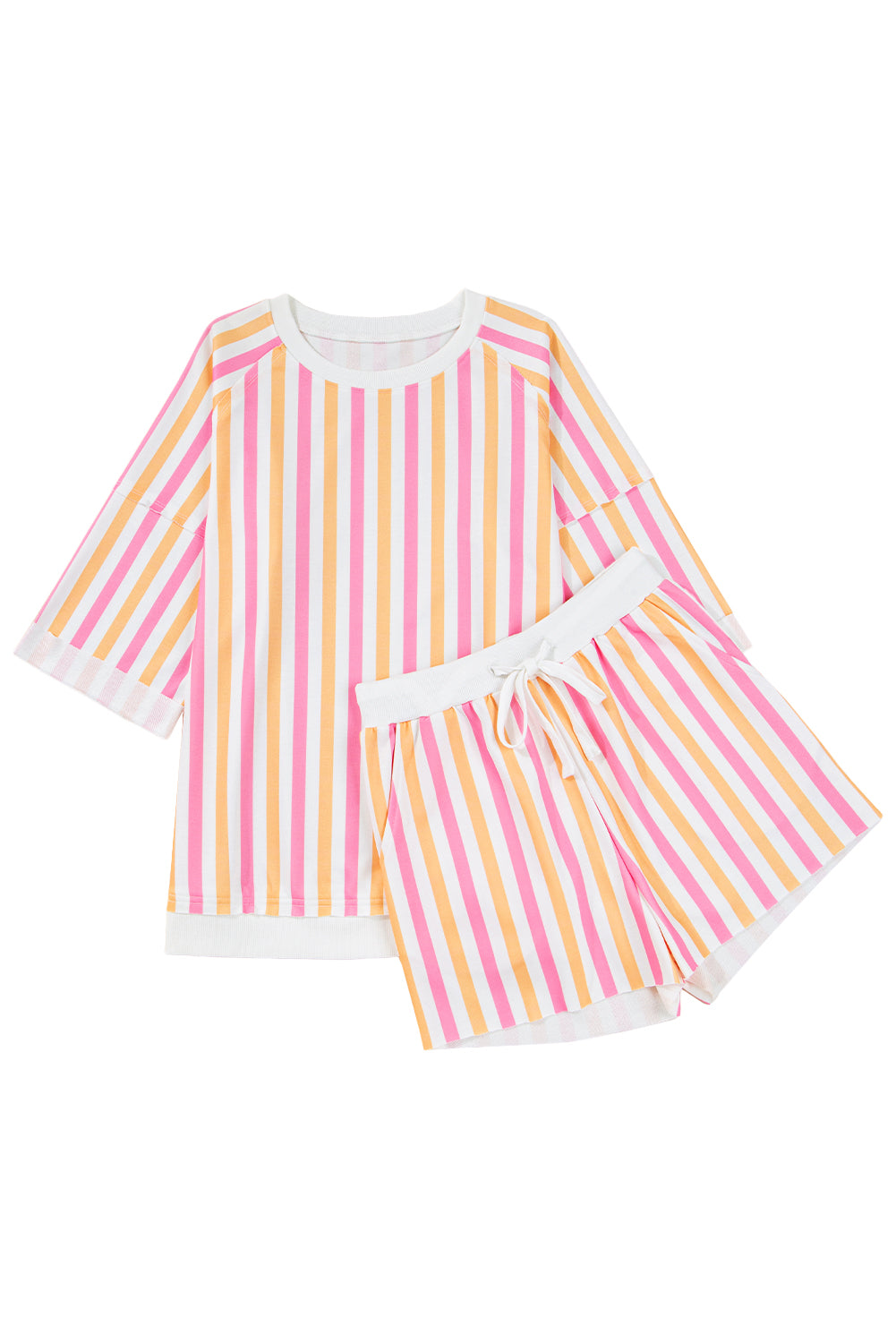 Pink Stripe Drop Shoulder Half Sleeve Loose Tee and Shorts Casual Set-Two Piece Sets/Short Sets-[Adult]-[Female]-2022 Online Blue Zone Planet