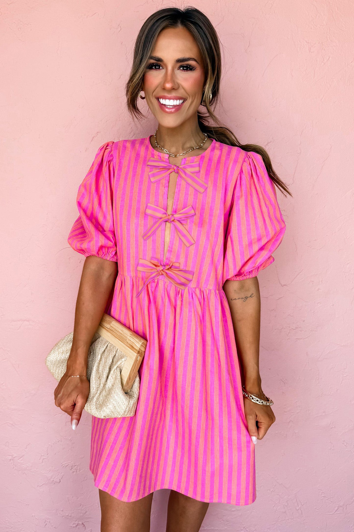 Rose Striped Print Bow Detail Short Puff Sleeve Mini Dress-TOPS / DRESSES-[Adult]-[Female]-2022 Online Blue Zone Planet