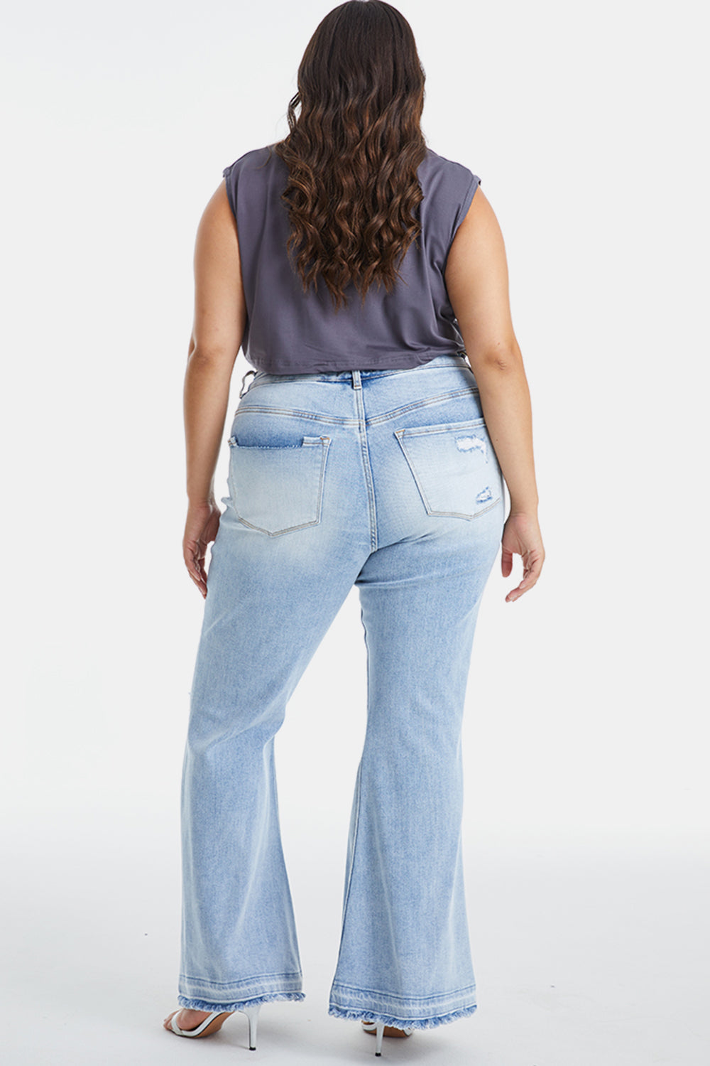 BAYEAS Full Size Distressed Raw Hem High Waist Flare Jeans BLUE ZONE PLANET