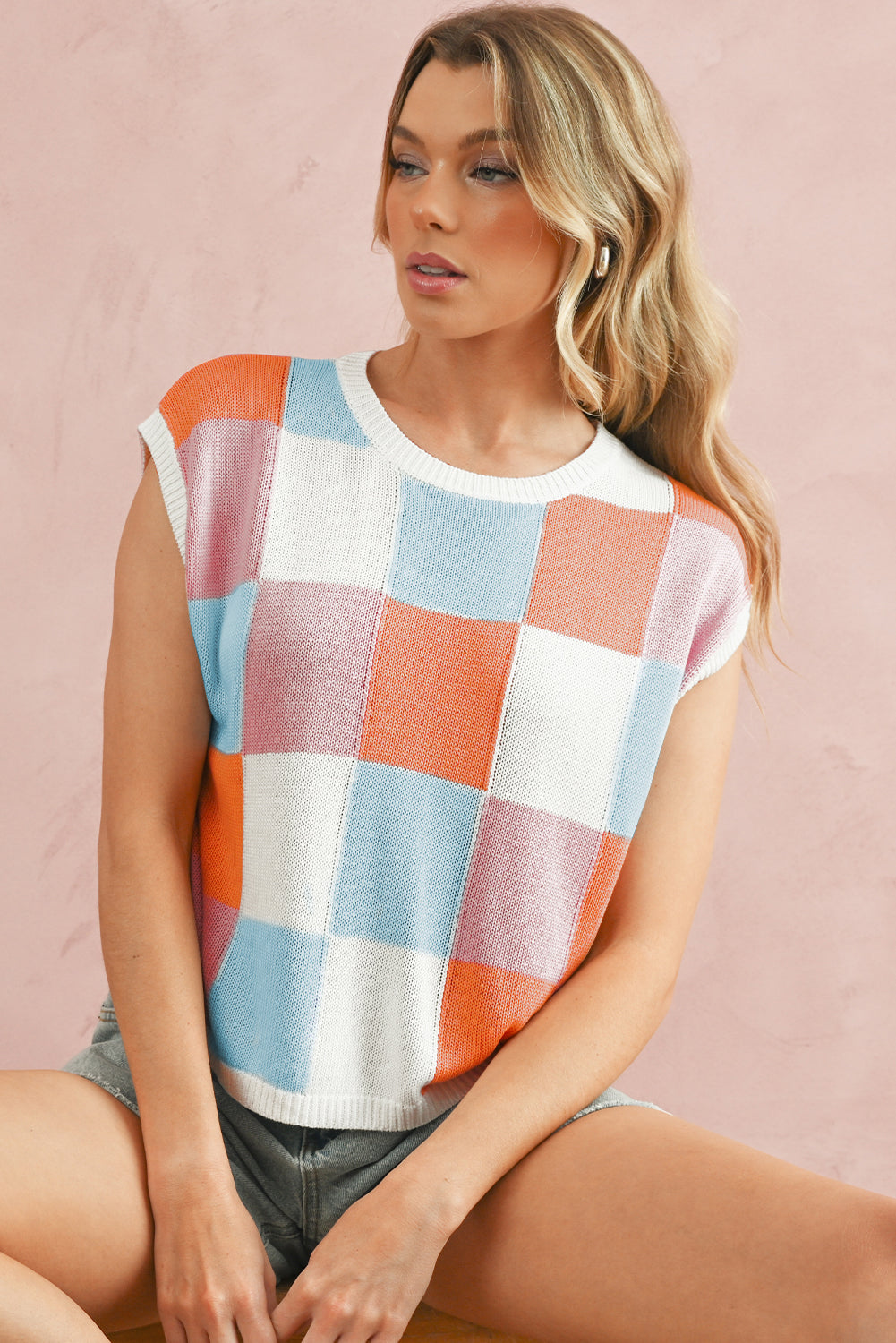 Tillandsia Purple Checkered Color Block Cap Sleeve Mardi Gras Knitted Top-Knit Tops-[Adult]-[Female]-2022 Online Blue Zone Planet