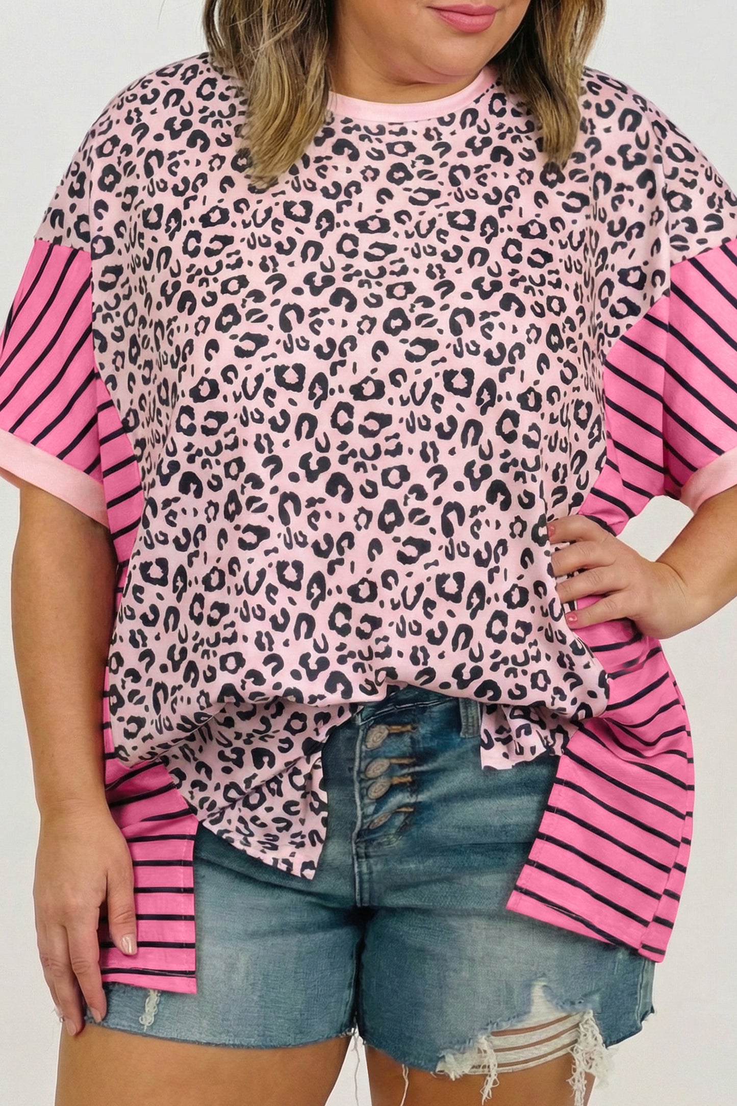 Pink Leopard Striped Contrast Patchwork Plus Size Tee-Plus Size/Plus Size Tops/Plus Size Tops & Tees-[Adult]-[Female]-2022 Online Blue Zone Planet