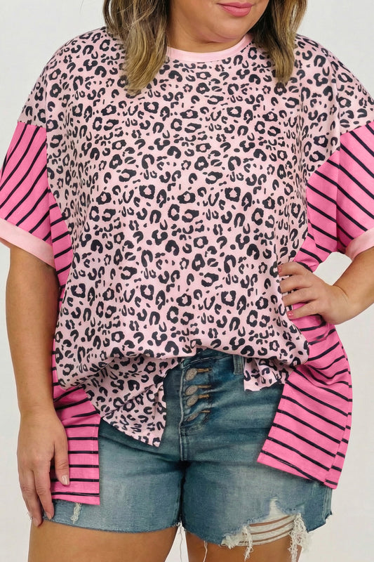 Pink Leopard Striped Contrast Patchwork Plus Size Tee-Plus Size/Plus Size Tops/Plus Size Tops & Tees-[Adult]-[Female]-2022 Online Blue Zone Planet