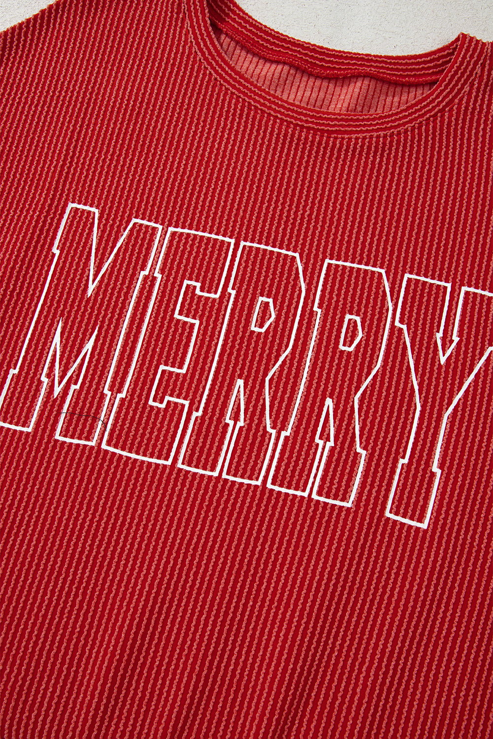 Fiery Red Twist Ribbed Merry Letter Graphic Plus Size Pullover-Plus Size/Plus Size Tops/Plus Size Long Sleeve Tops-[Adult]-[Female]-2022 Online Blue Zone Planet