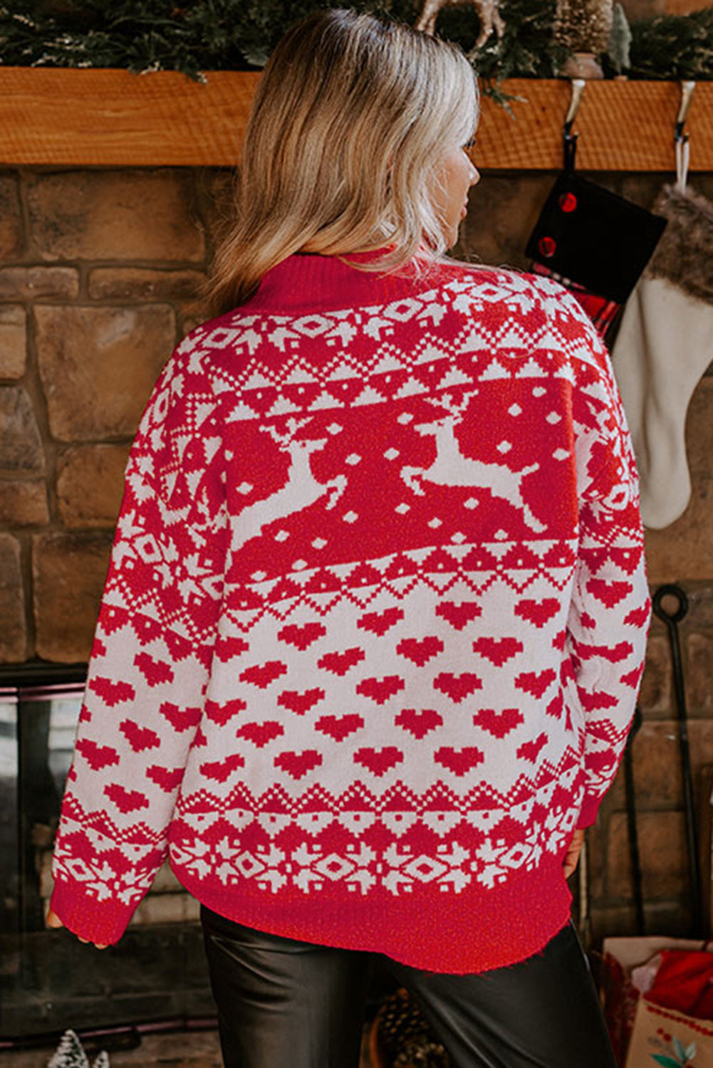 Blue Zone Planet | Fiery Red Merry Christmas Reindeer Heart Pattern High Neck Sweater-Sweaters & Cardigans/Sweaters-[Adult]-[Female]-2022 Online Blue Zone Planet