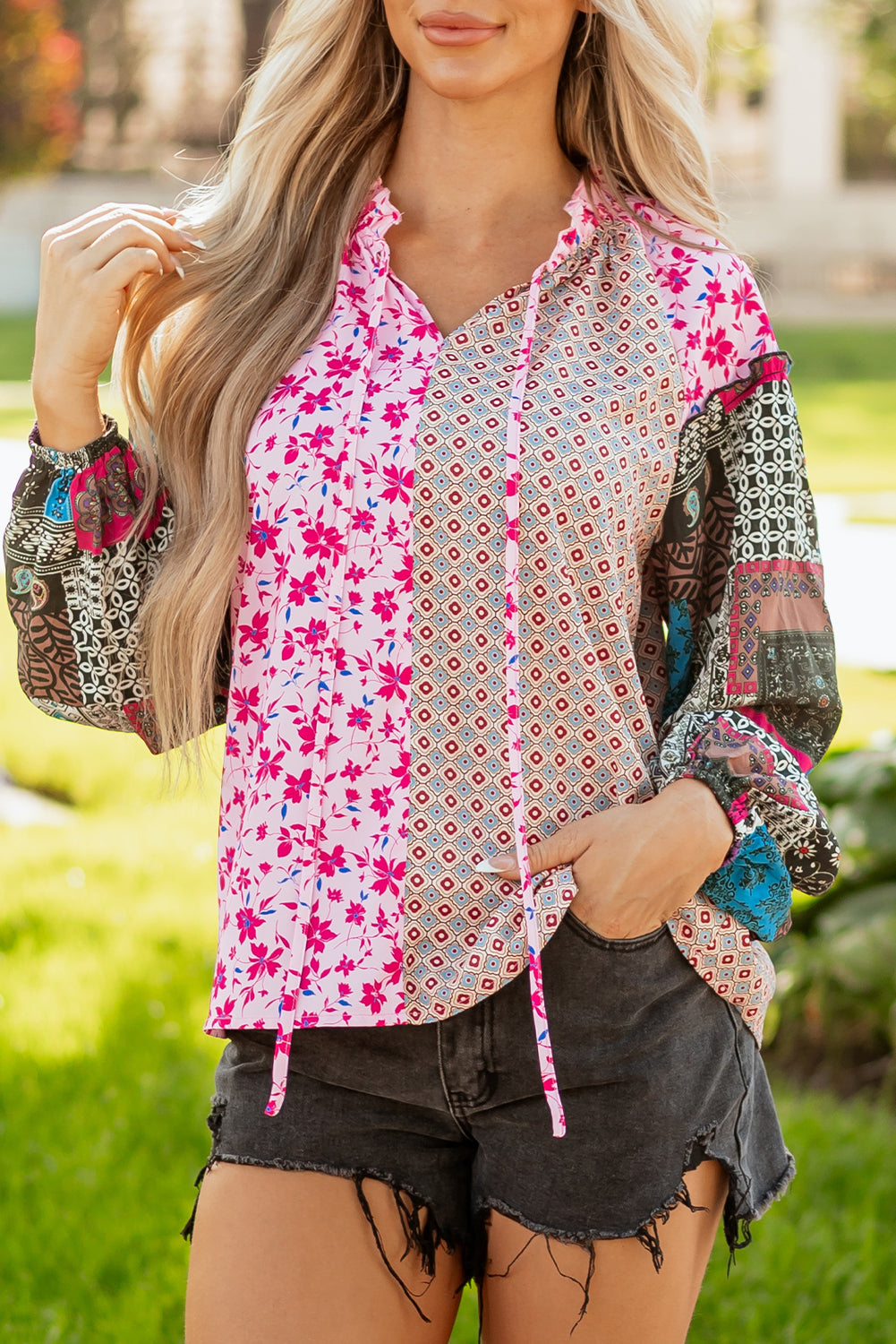 Pink Boho Mixed Floral Drop Shoulder Bubble Sleeve Blouse-Tops/Blouses & Shirts-[Adult]-[Female]-2022 Online Blue Zone Planet