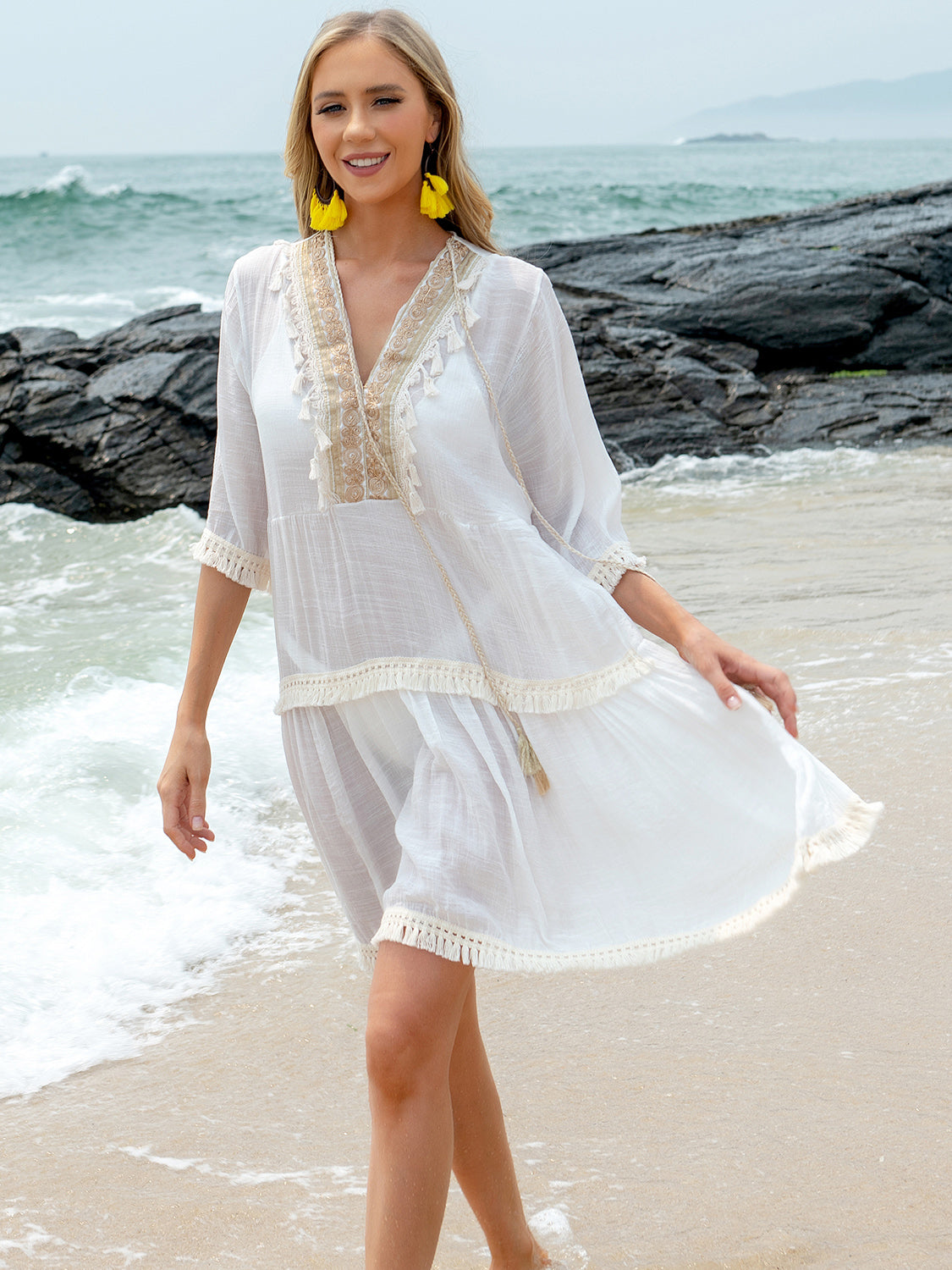 Tassel Lace Detail Half Sleeve Cover-Up Dress-TOPS / DRESSES-[Adult]-[Female]-White-One Size-2022 Online Blue Zone Planet