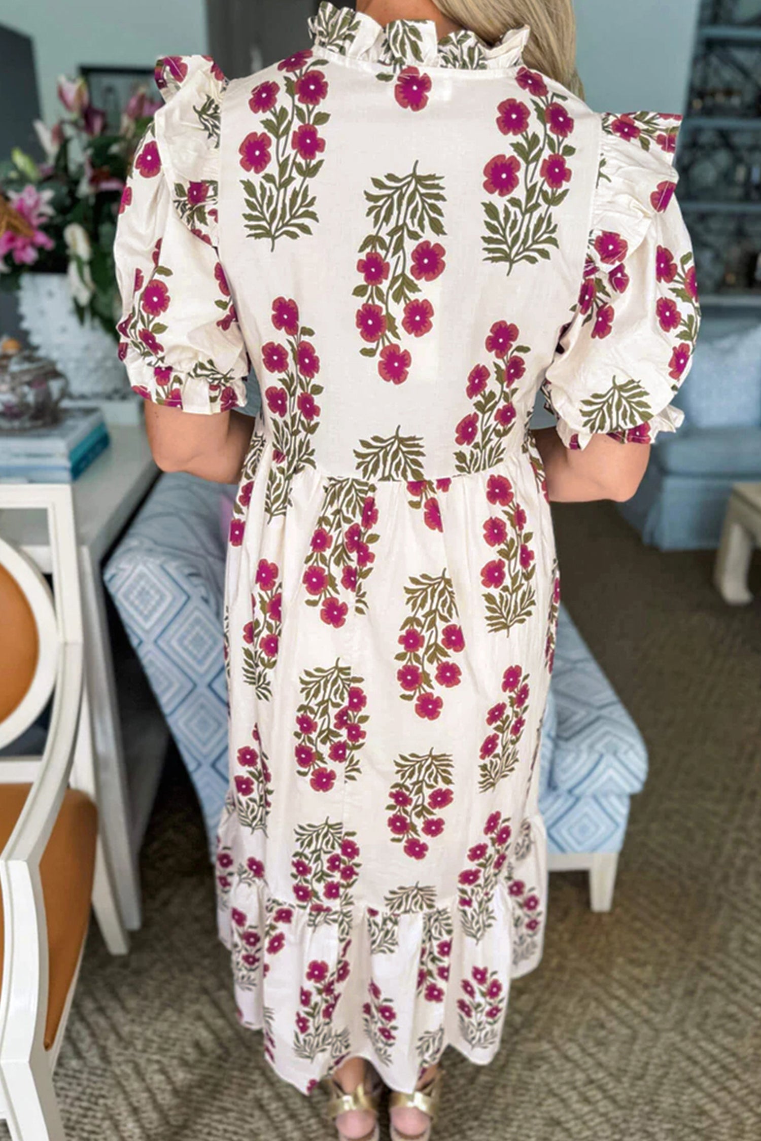 Beige Floral Short Bubble Sleeve Tiered Maxi Dress-Dresses/Maxi Dresses-[Adult]-[Female]-2022 Online Blue Zone Planet