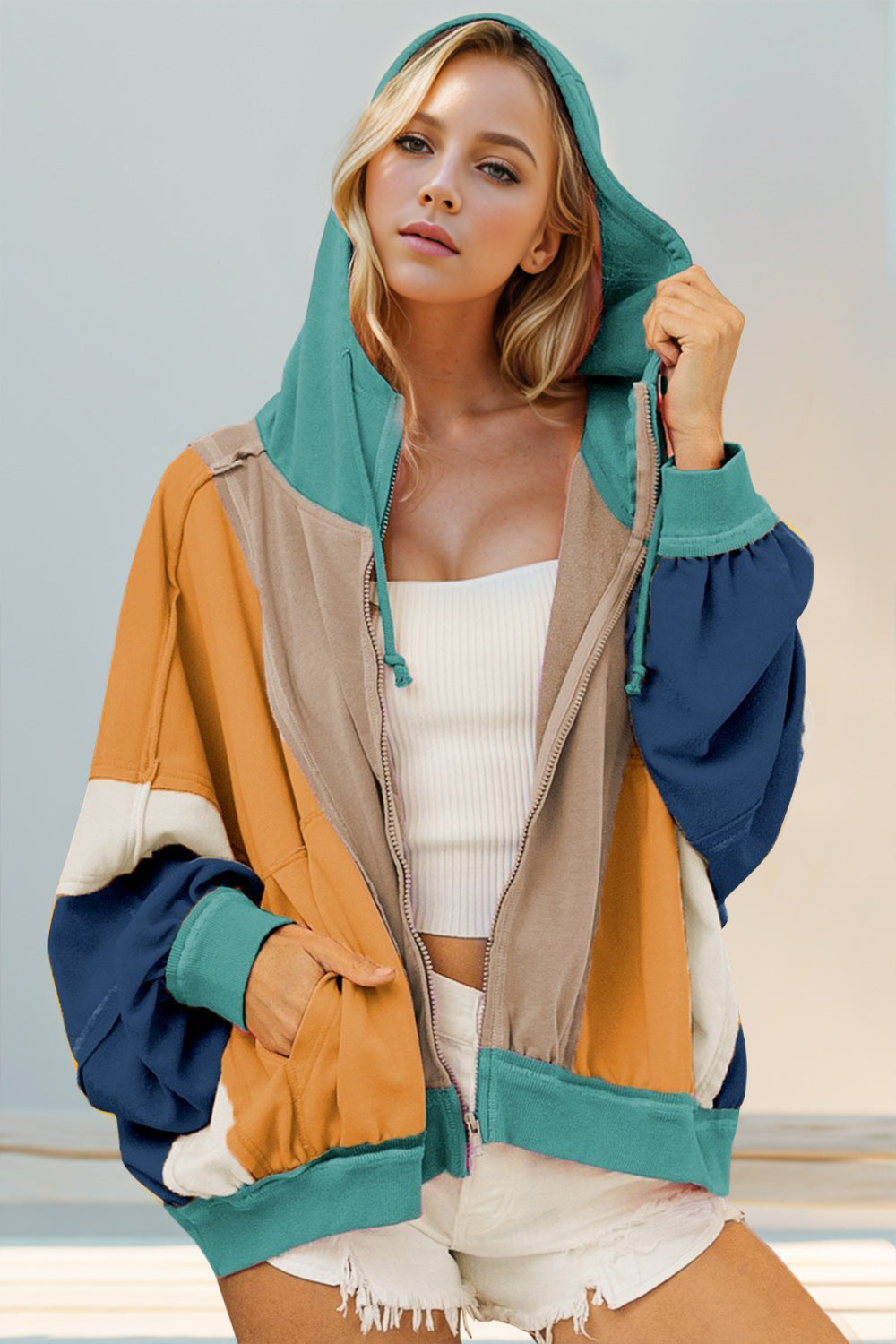 Double Take Full Size Color Block Zip Up Hoodie-TOPS / DRESSES-[Adult]-[Female]-Khaki-S-2022 Online Blue Zone Planet