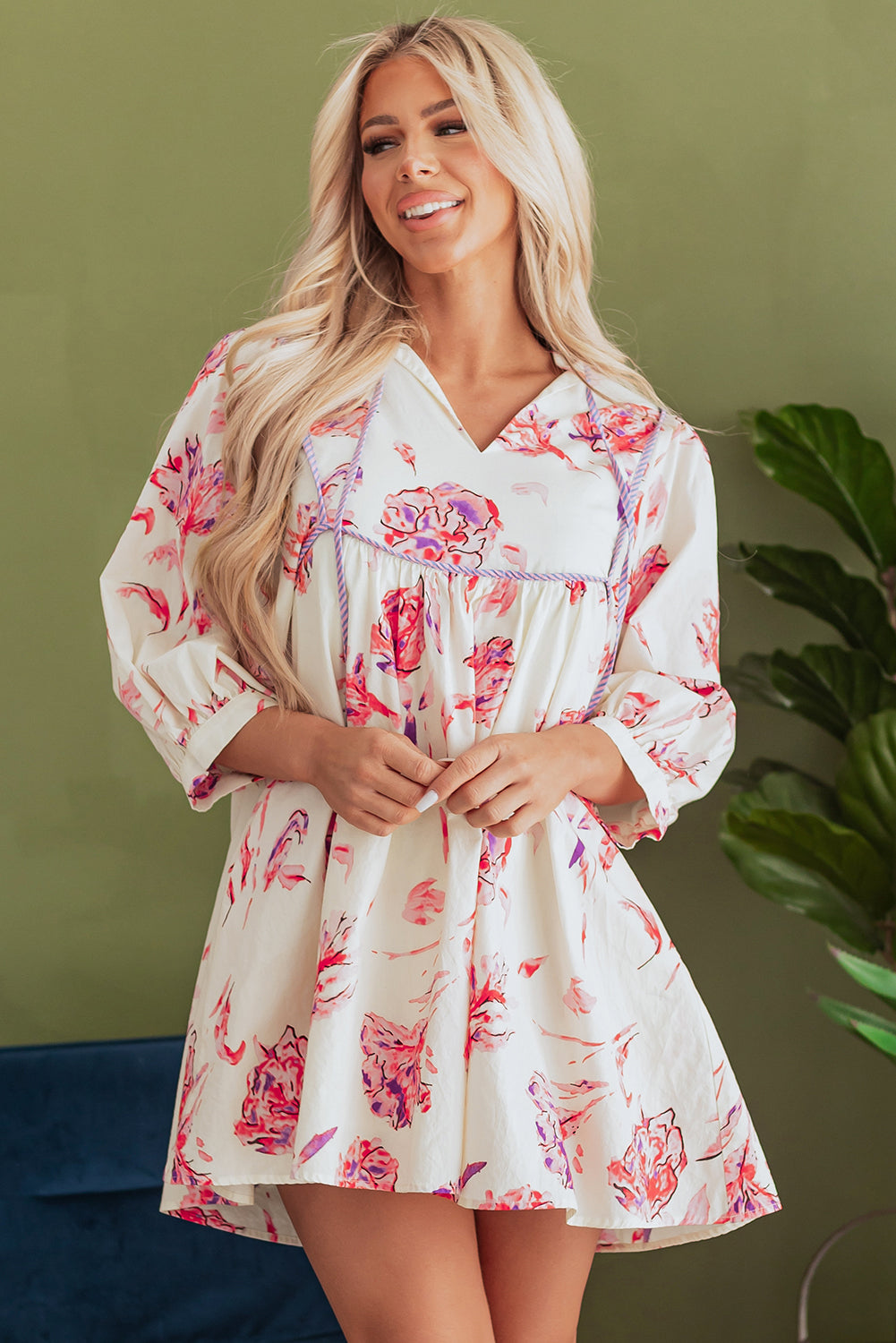 Blue Zone Planet | Pink Floral Print Balloon Sleeve V Neck Babydoll Mini Dress-TOPS / DRESSES-[Adult]-[Female]-2022 Online Blue Zone Planet