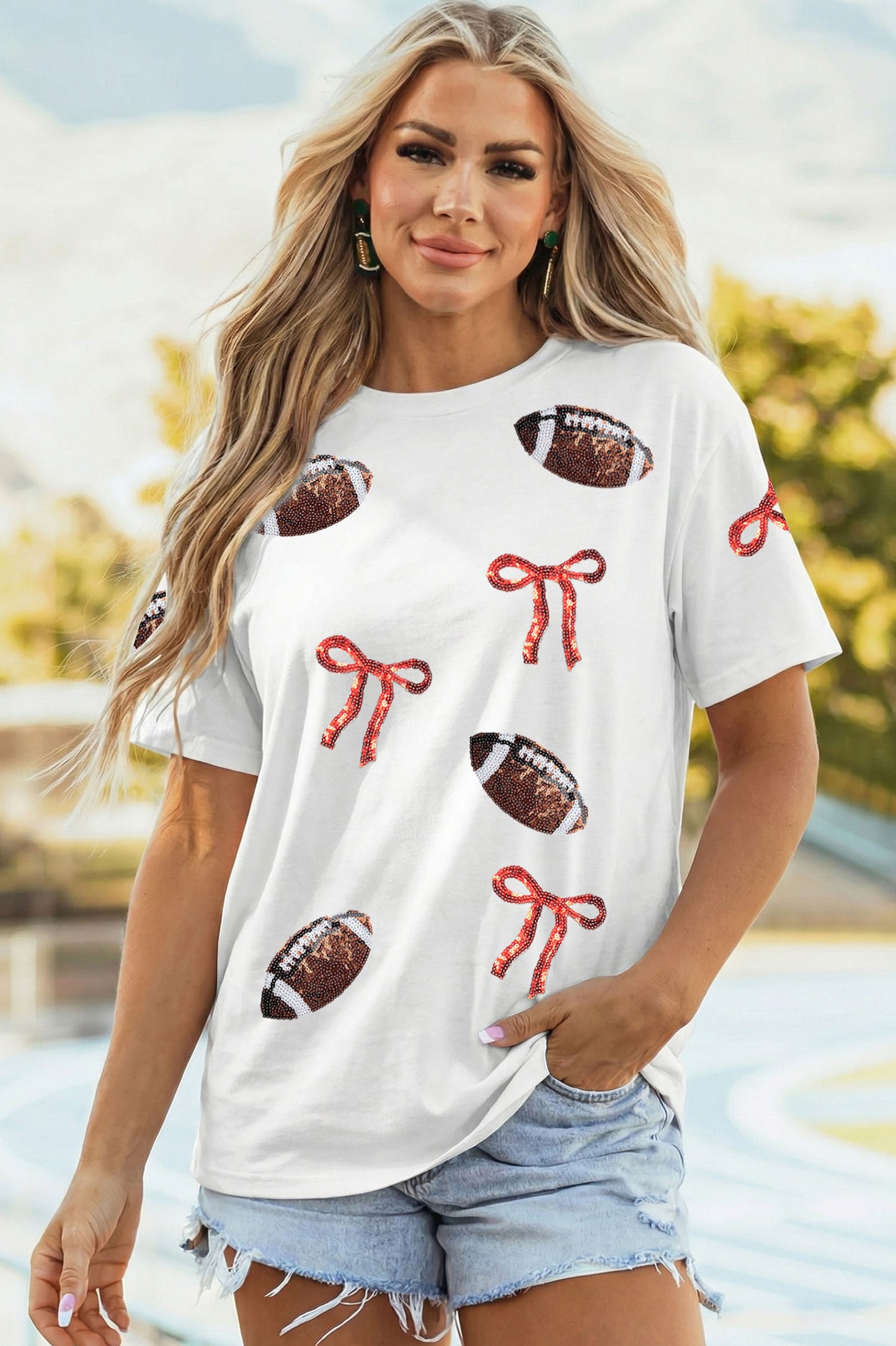 White Sequin Rugby Bow Print Round Neck Casual Shift Tee-Graphic/Graphic Tees-[Adult]-[Female]-2022 Online Blue Zone Planet