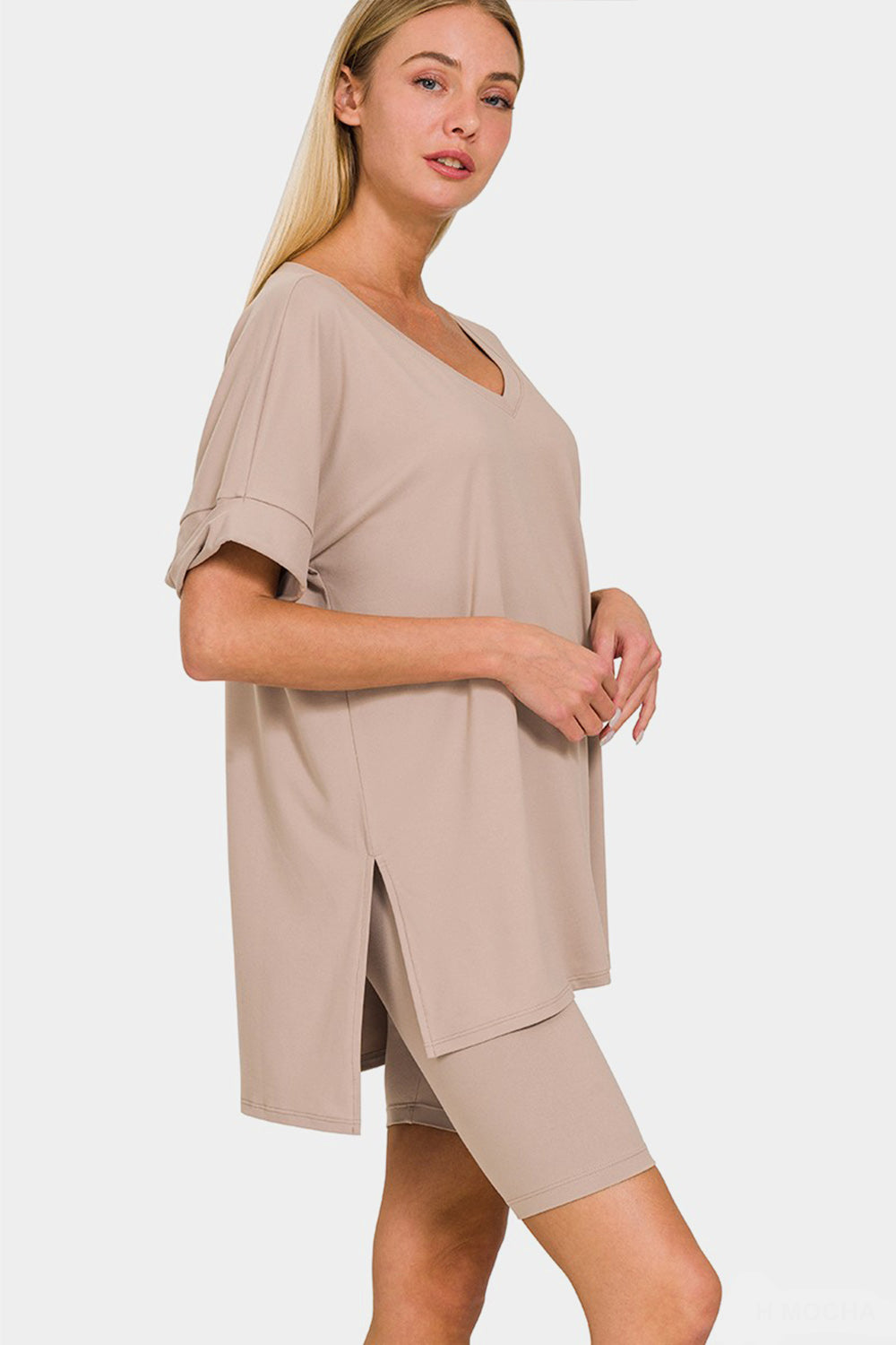 Blue Zone Planet | Zenana Full Size V-Neck Short Sleeve Slit T-Shirt and Shorts Set-TOPS / DRESSES-[Adult]-[Female]-Ash Mocha-S-2022 Online Blue Zone Planet