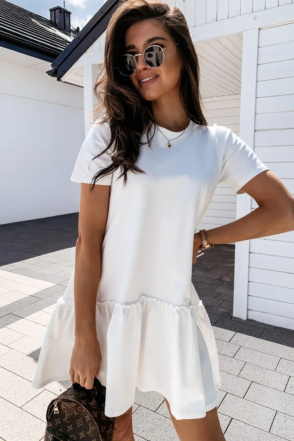 Blue Zone Planet | White Frilly Splicing Hem Short Sleeve Dress-TOPS / DRESSES-[Adult]-[Female]-2022 Online Blue Zone Planet