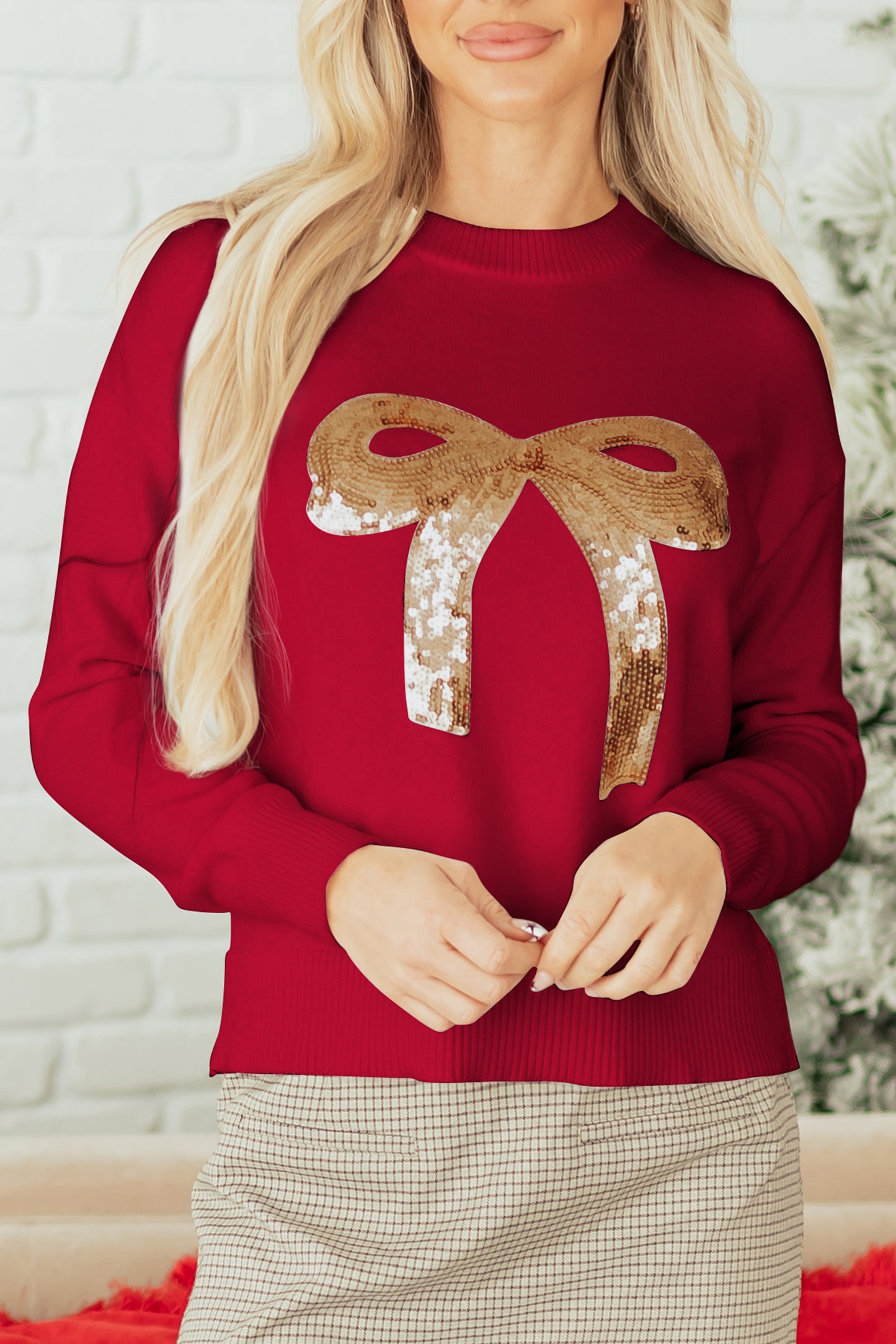Fiery Red Sequined Bow Graphic Christmas Holiday Sweater-TOPS / DRESSES-[Adult]-[Female]-2022 Online Blue Zone Planet