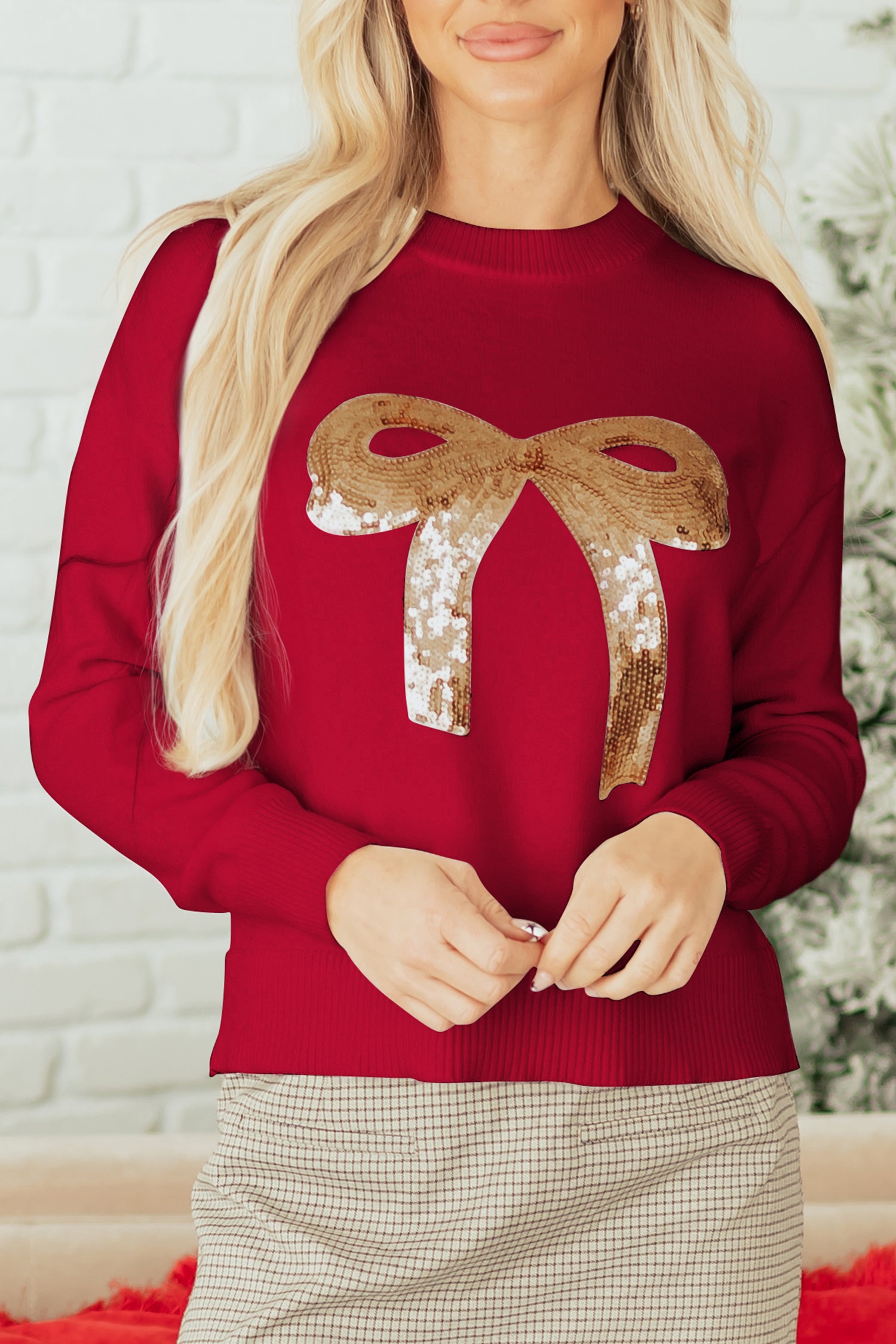 Fiery Red Sequined Bow Graphic Christmas Holiday Sweater-TOPS / DRESSES-[Adult]-[Female]-2022 Online Blue Zone Planet