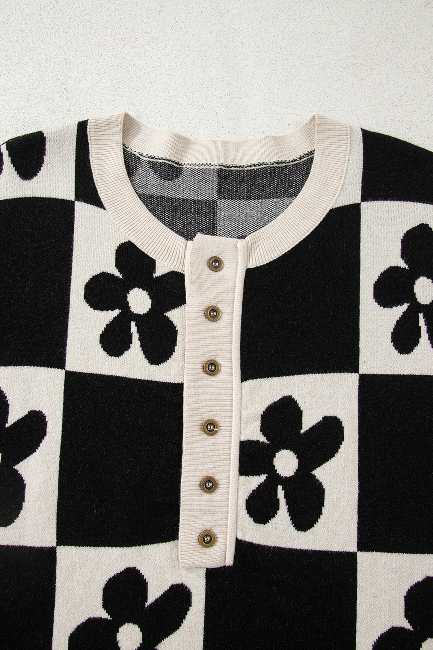 Black Flower Plaid Henley Baggy Sweater-TOPS / DRESSES-[Adult]-[Female]-2022 Online Blue Zone Planet