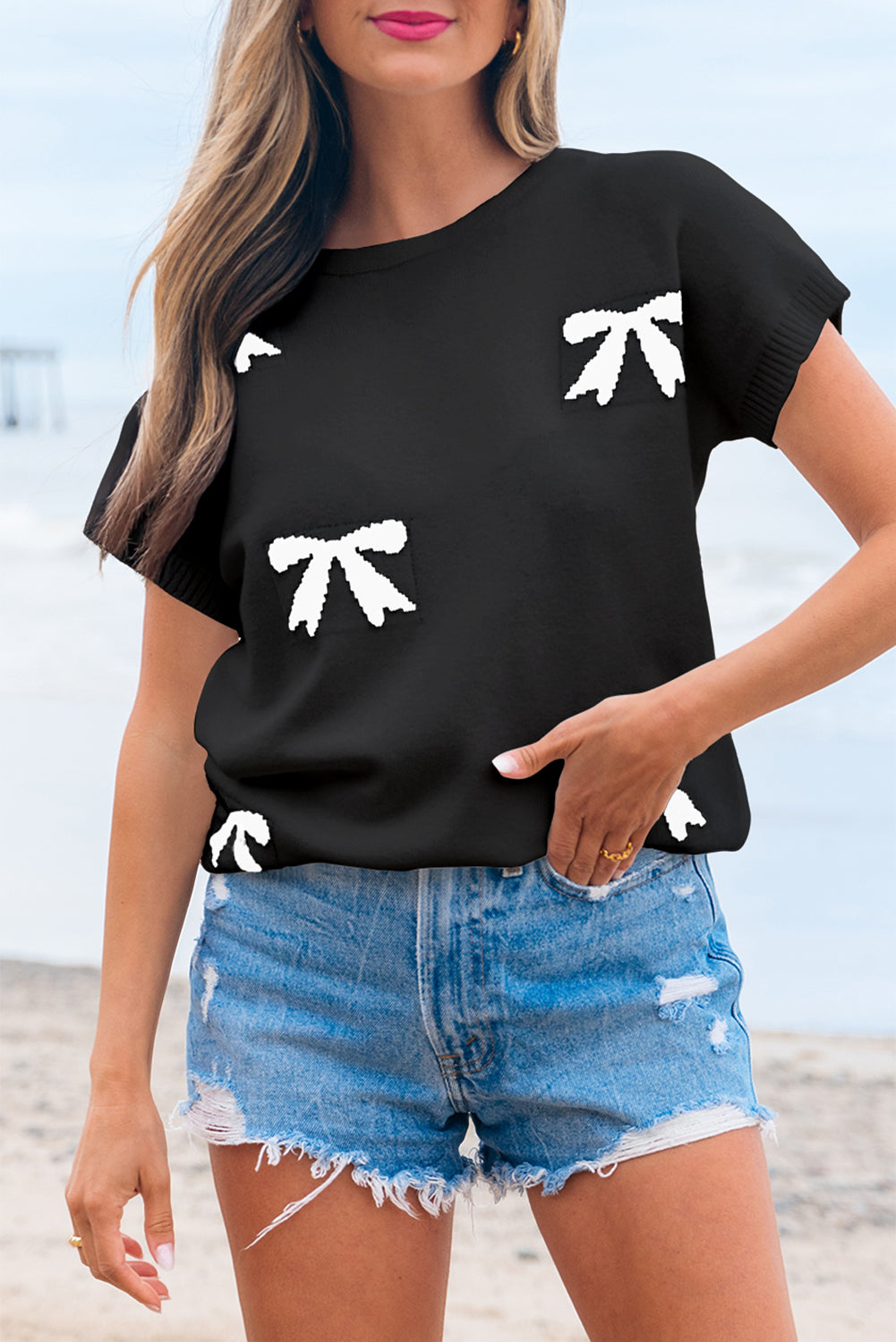 Black Bow Pattern Knit Short Sleeve Sweater-Sweaters & Cardigans/Short Sleeve Sweaters-[Adult]-[Female]-2022 Online Blue Zone Planet