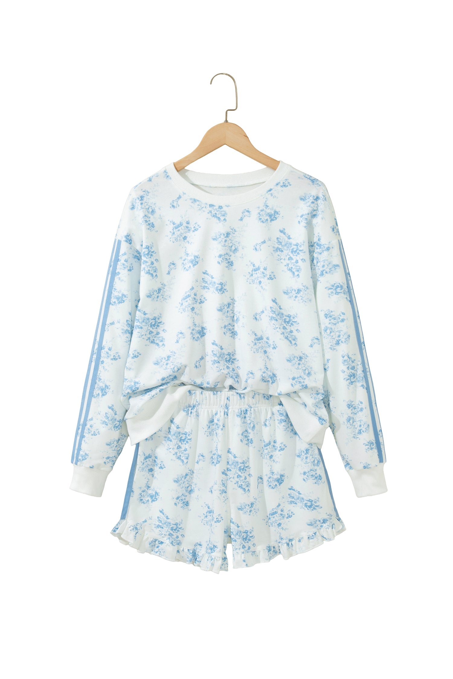Sky Blue Floral Print Striped Detail Long Sleeve Top Ruffle Hem Shorts 2pcs Set-Two Piece Sets/Short Sets-[Adult]-[Female]-2022 Online Blue Zone Planet