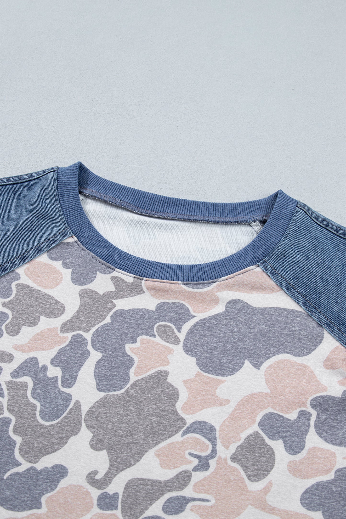 Multicolour Camouflage Print Denim Color Block Sleeve Casual Tee-Tops/Tops & Tees-[Adult]-[Female]-2022 Online Blue Zone Planet