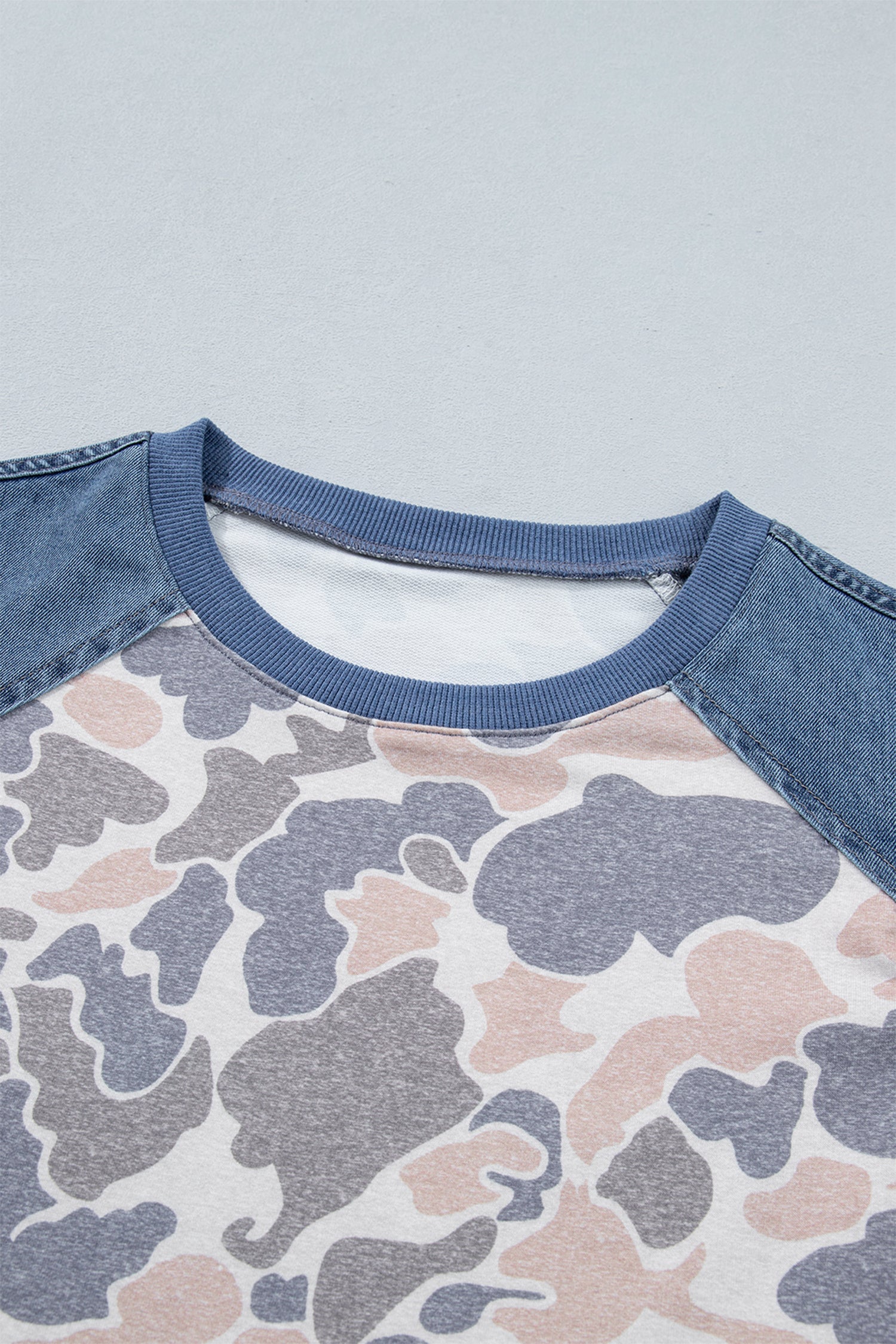 Multicolour Camouflage Print Denim Color Block Sleeve Casual Tee-Tops/Tops & Tees-[Adult]-[Female]-2022 Online Blue Zone Planet