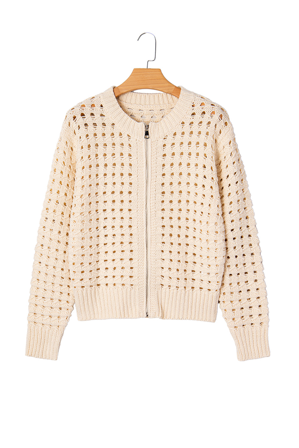 Beige Hollowed Pattern Knit Zip Up Drop Shoulder Sweater Cardigan-TOPS / DRESSES-[Adult]-[Female]-2022 Online Blue Zone Planet