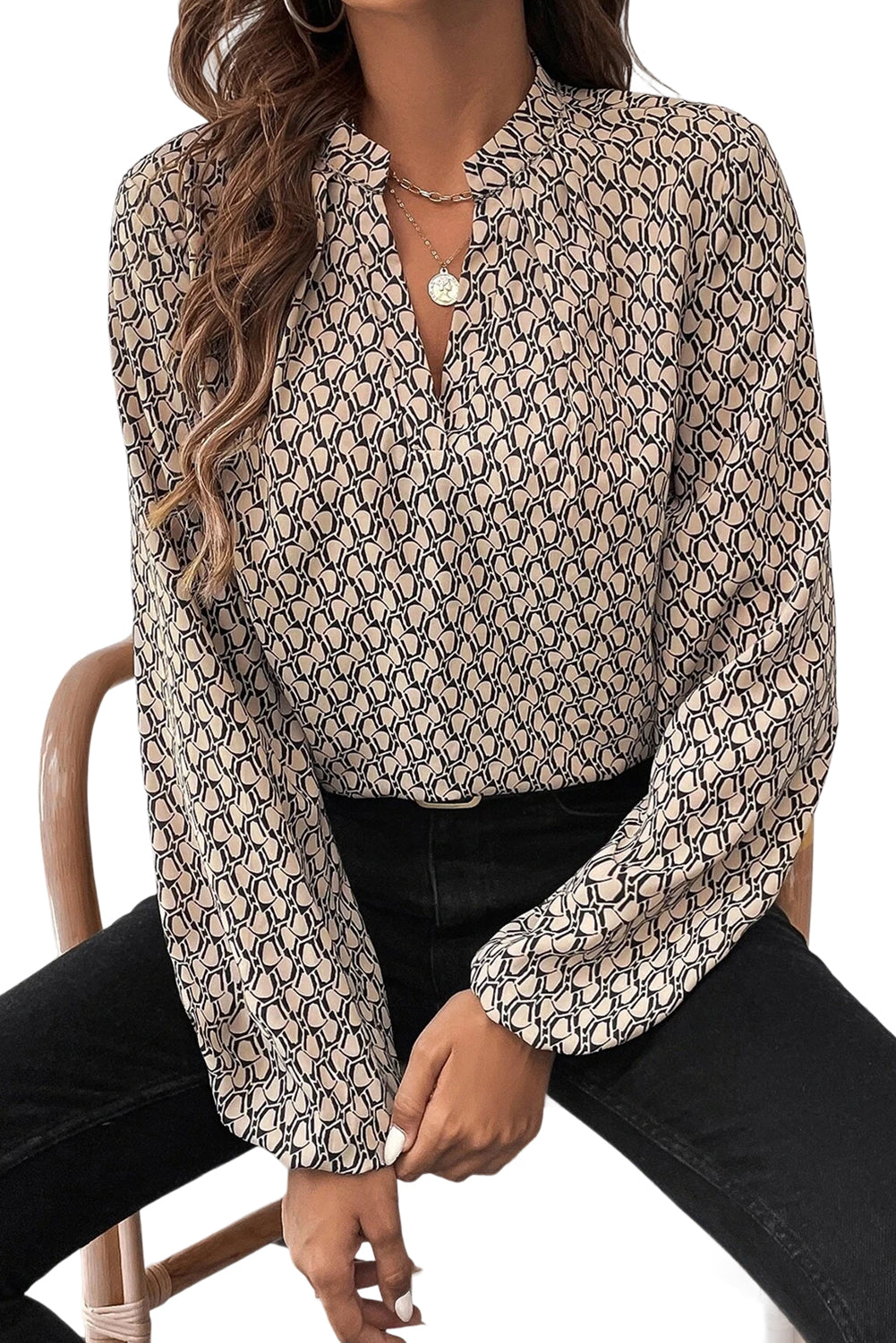 Khaki Geometric Print Notched Neck Long Sleeve Blouse-Blouses-[Adult]-[Female]-2022 Online Blue Zone Planet