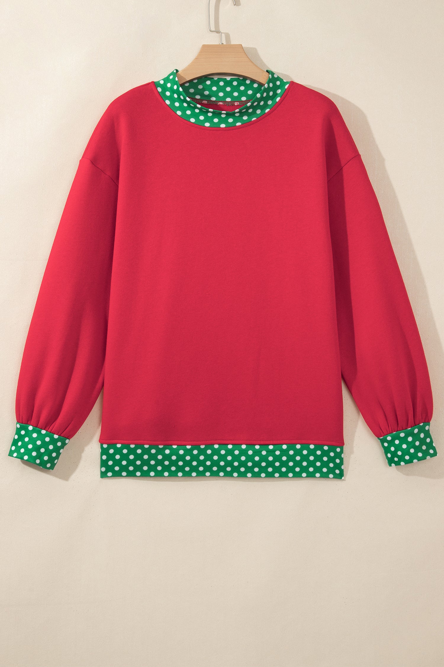 Racing Red Colorblock Polka Dot Contrast Trim Oversized Sweatshirt-Tops/Sweatshirts & Hoodies-[Adult]-[Female]-2022 Online Blue Zone Planet