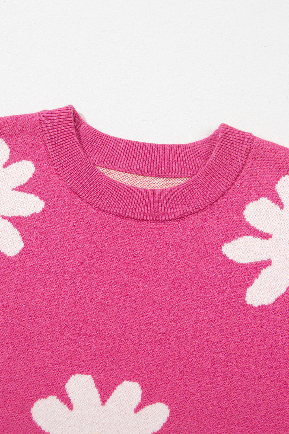 Bright Pink Daisy Ribbed Hem Sweater-Sweaters-[Adult]-[Female]-2022 Online Blue Zone Planet