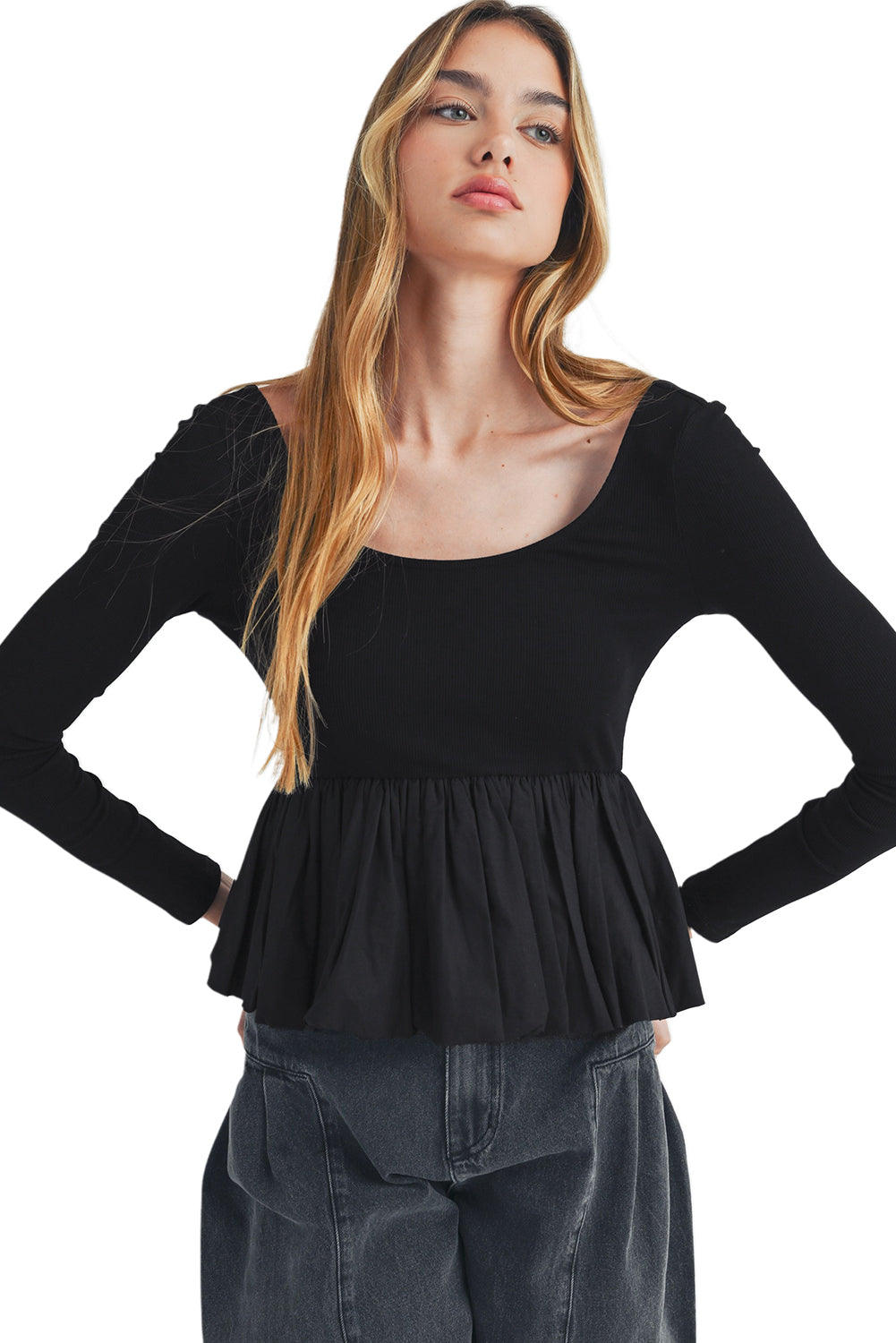 Blue Zone Planet | Black Ribbed Knit Long Sleeve Scoop Neck Peplum Patchwork Top-Tops/Long Sleeve Tops-[Adult]-[Female]-2022 Online Blue Zone Planet