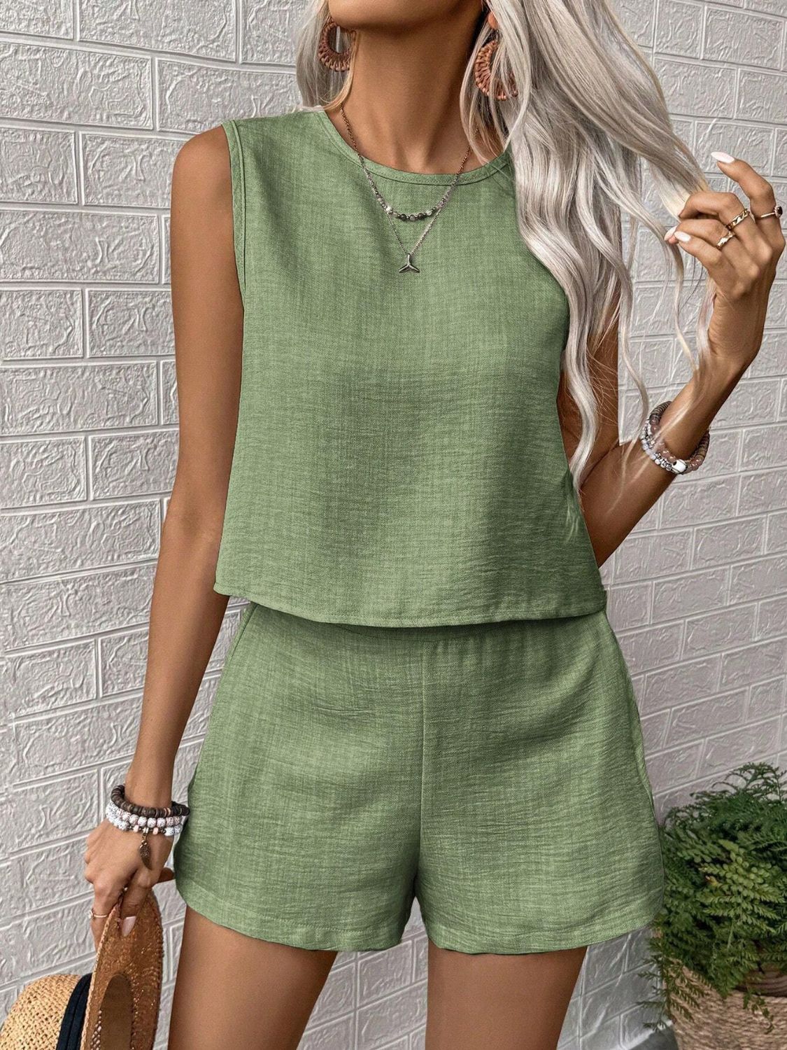 Round Neck Sleeveless Top and Shorts Set-TOPS / DRESSES-[Adult]-[Female]-Matcha Green-S-2022 Online Blue Zone Planet