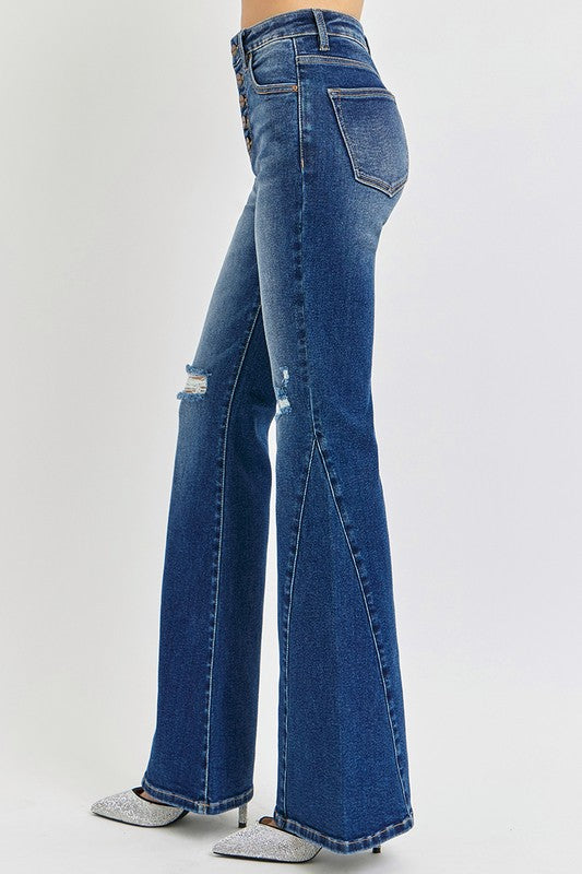 Blue Zone Planet | RISEN Distressed Button-Fly Flare Jeans-BOTTOMS SIZES SMALL MEDIUM LARGE-[Adult]-[Female]-2022 Online Blue Zone Planet