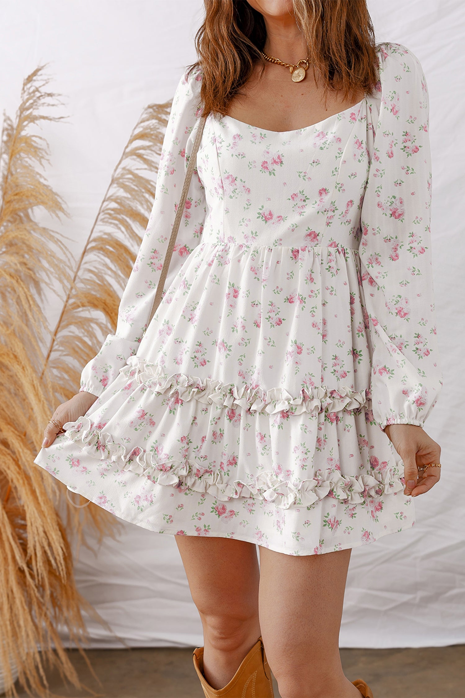 Pink Floral Print Long Sleeve Ruffle Detail Flared Mini Dress-TOPS / DRESSES-[Adult]-[Female]-2022 Online Blue Zone Planet