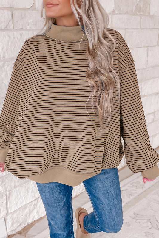 Khaki Stripe Ribbed Color Block Mock Neck Oversized Sweatshirt-Tops/Sweatshirts & Hoodies-[Adult]-[Female]-Khaki Stripe-S-2022 Online Blue Zone Planet
