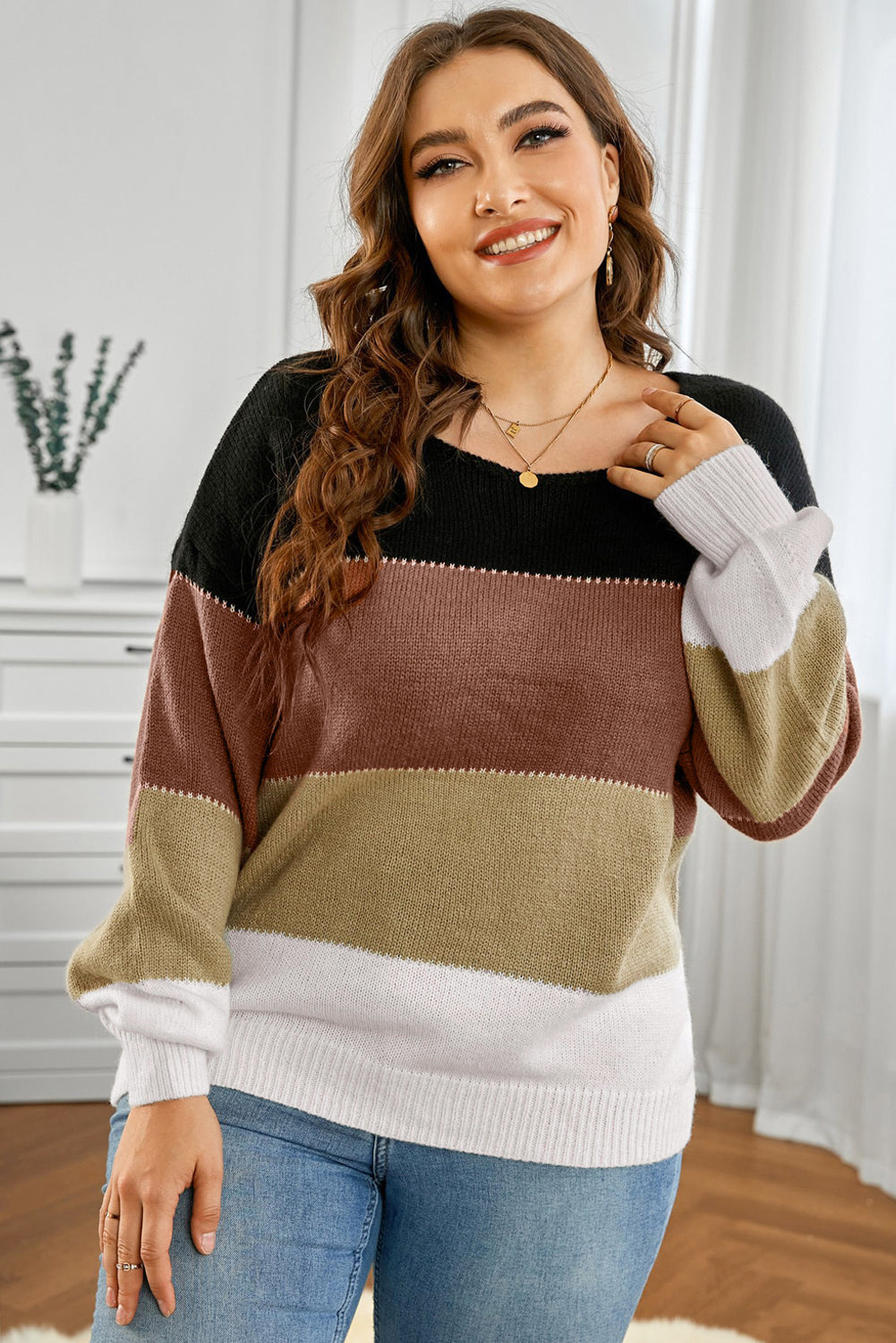 Plus Size Color Block Round Neck Sweater-TOPS / DRESSES-[Adult]-[Female]-Black-1XL-2022 Online Blue Zone Planet