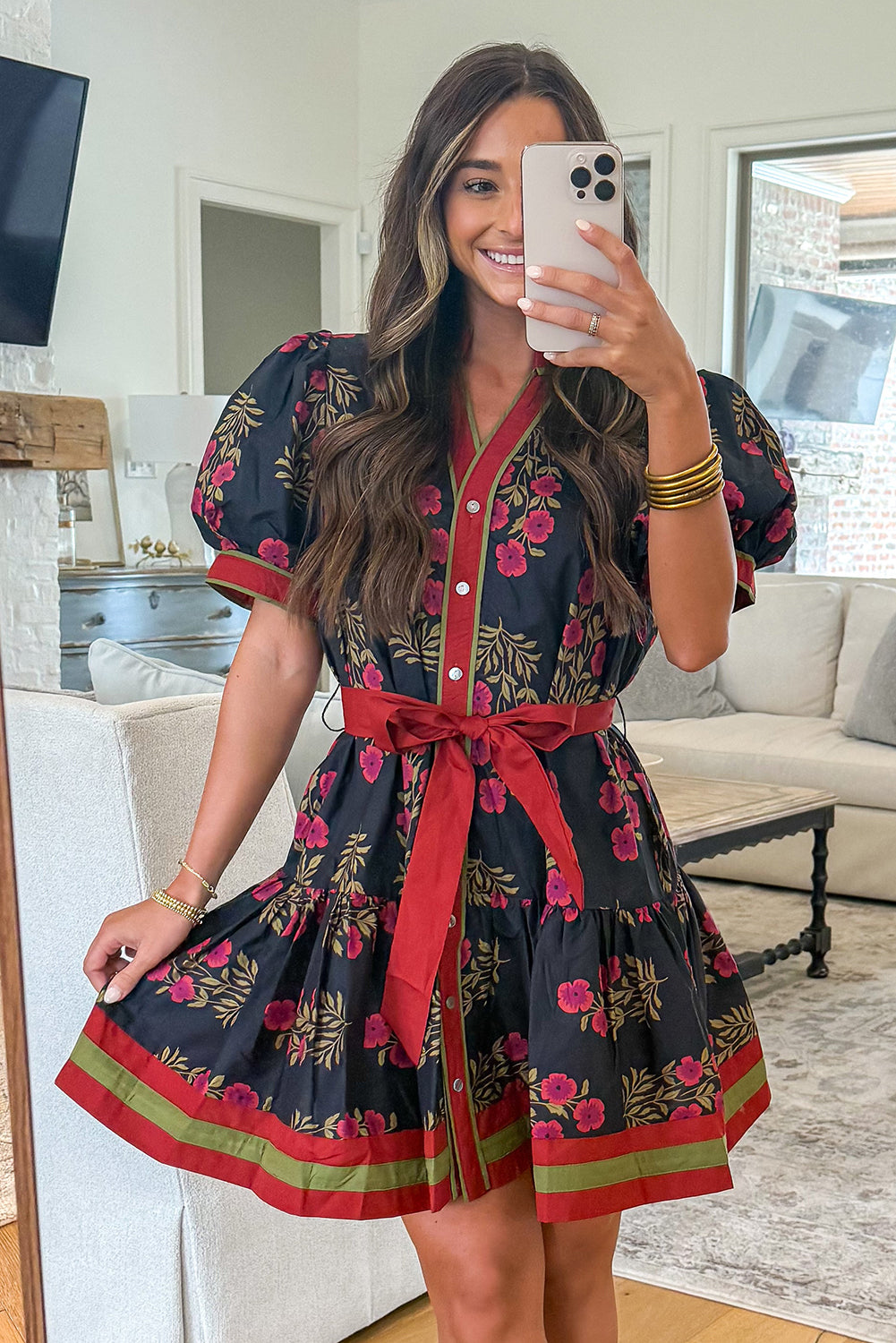 Black Retro Floral Print Button Down Belted Short Puff Sleeve Mini Dress-TOPS / DRESSES-[Adult]-[Female]-2022 Online Blue Zone Planet