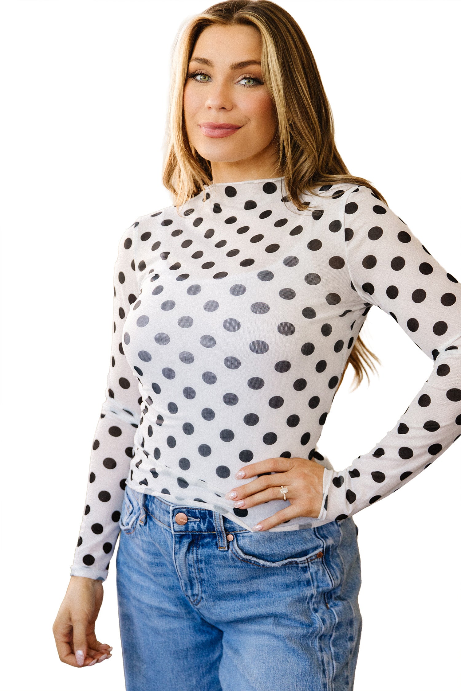 White Polka Dot Sheer Long Sleeve Round Neck Slim Top-Tops/Long Sleeve Tops-[Adult]-[Female]-2022 Online Blue Zone Planet