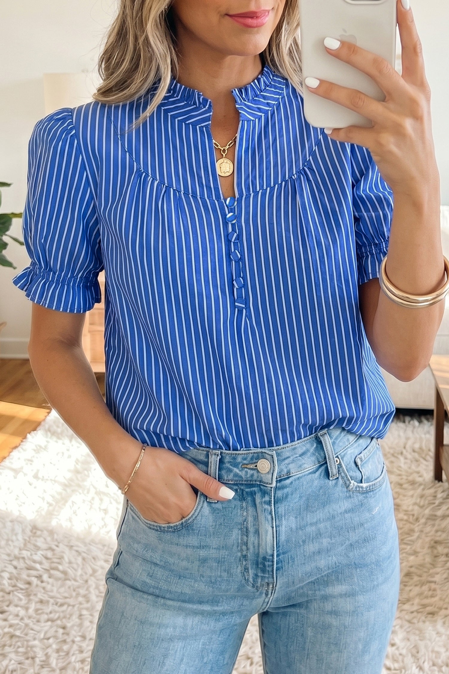 Blue Stripe Ruffled Short Puff Sleeve Button Front Blouse-Tops/Blouses & Shirts-[Adult]-[Female]-2022 Online Blue Zone Planet