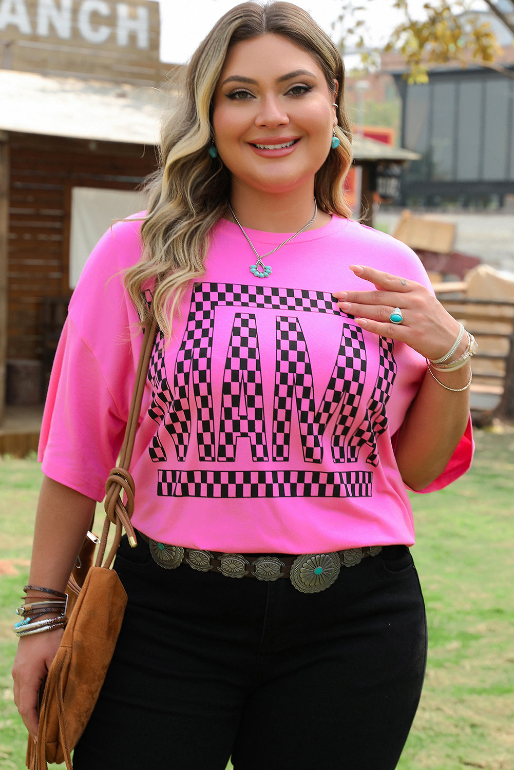 Bright Pink Checker Mama Letter Printed Graphic Plus Size T Shirt-Plus Size/Plus Size Tops/Plus Size Tops & Tees-[Adult]-[Female]-2022 Online Blue Zone Planet