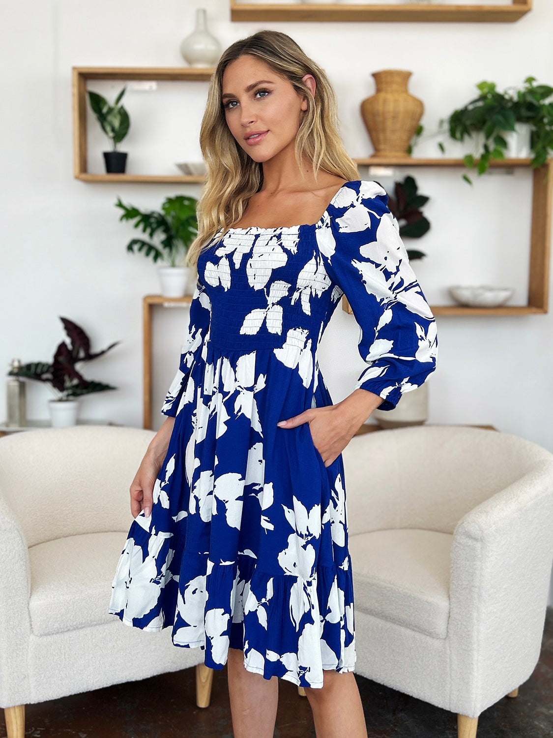 Blue Zone Planet | Double Take Full Size Floral Ruffle Hem Smocked Dress-TOPS / DRESSES-[Adult]-[Female]-2022 Online Blue Zone Planet