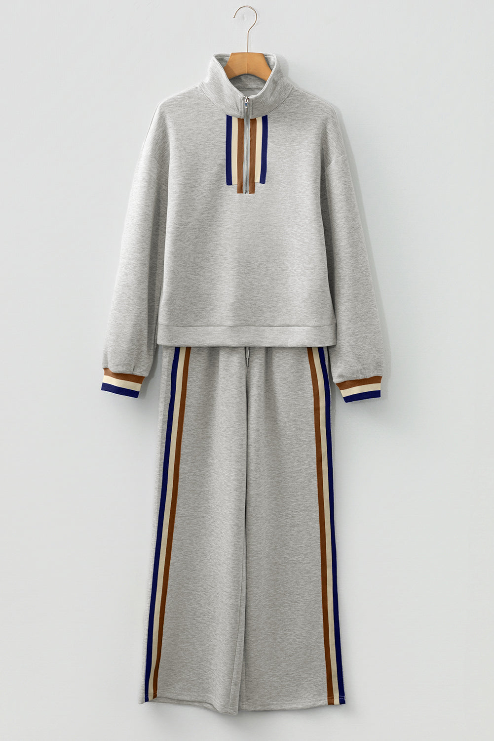 Gray Striped Patchwork Quarter Zip Pullover Loose Pant Set-Two Piece Sets/Pant Sets-[Adult]-[Female]-2022 Online Blue Zone Planet