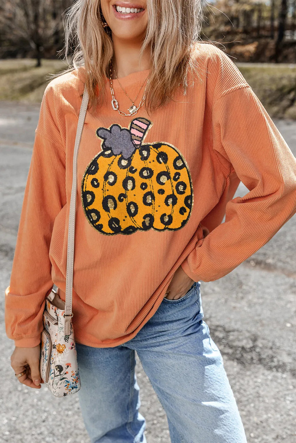 Blue Zone Planet | Pumpkin Round Neck Long Sleeve Sweatshirt-TOPS / DRESSES-[Adult]-[Female]-Sherbet-S-2022 Online Blue Zone Planet