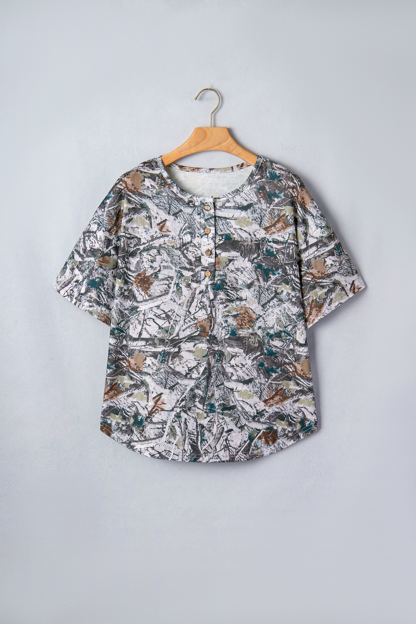 Gray Abstract Woodland Print Tunic Henley T Shirt-Tops/Tops & Tees-[Adult]-[Female]-2022 Online Blue Zone Planet