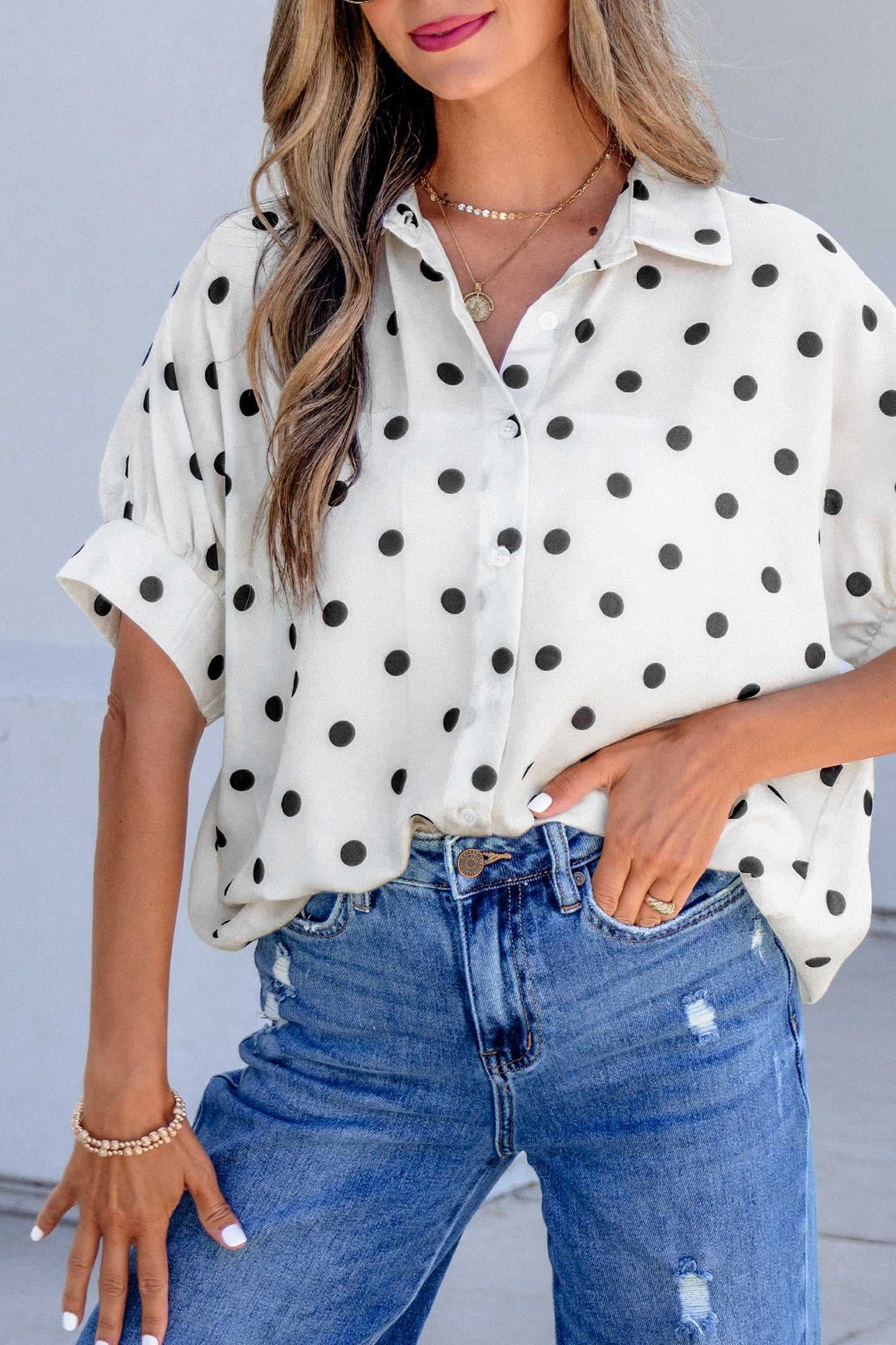 Beige Polka Dot Print Loose Dolman Shirt-Tops/Blouses & Shirts-[Adult]-[Female]-2022 Online Blue Zone Planet