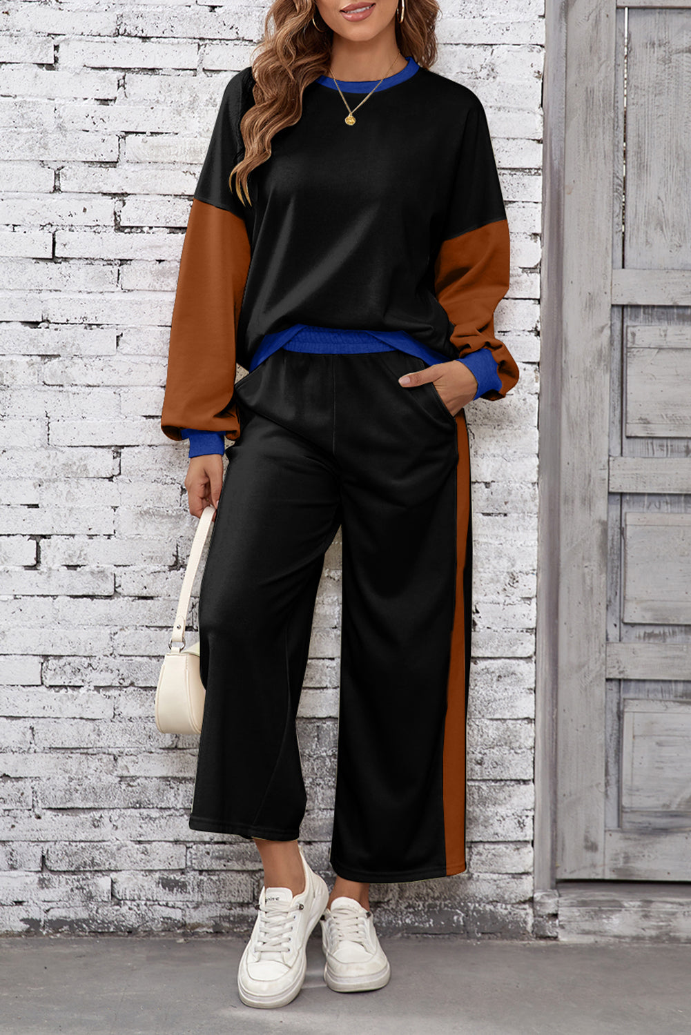 Chestnut 2pcs Color Block Pullover Loose Pant Set-Two Piece Sets/Pant Sets-[Adult]-[Female]-Black-S-2022 Online Blue Zone Planet